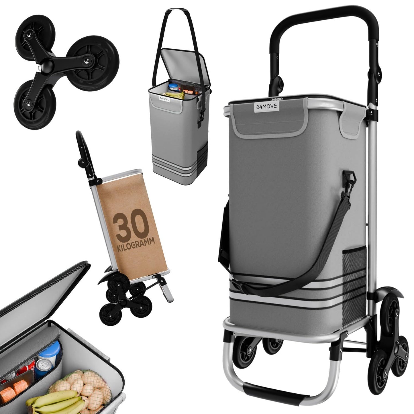 3-in-1 Einkaufstrolley klappbar mit Kühlfach, Treppensteiger, Treppenrad Grau