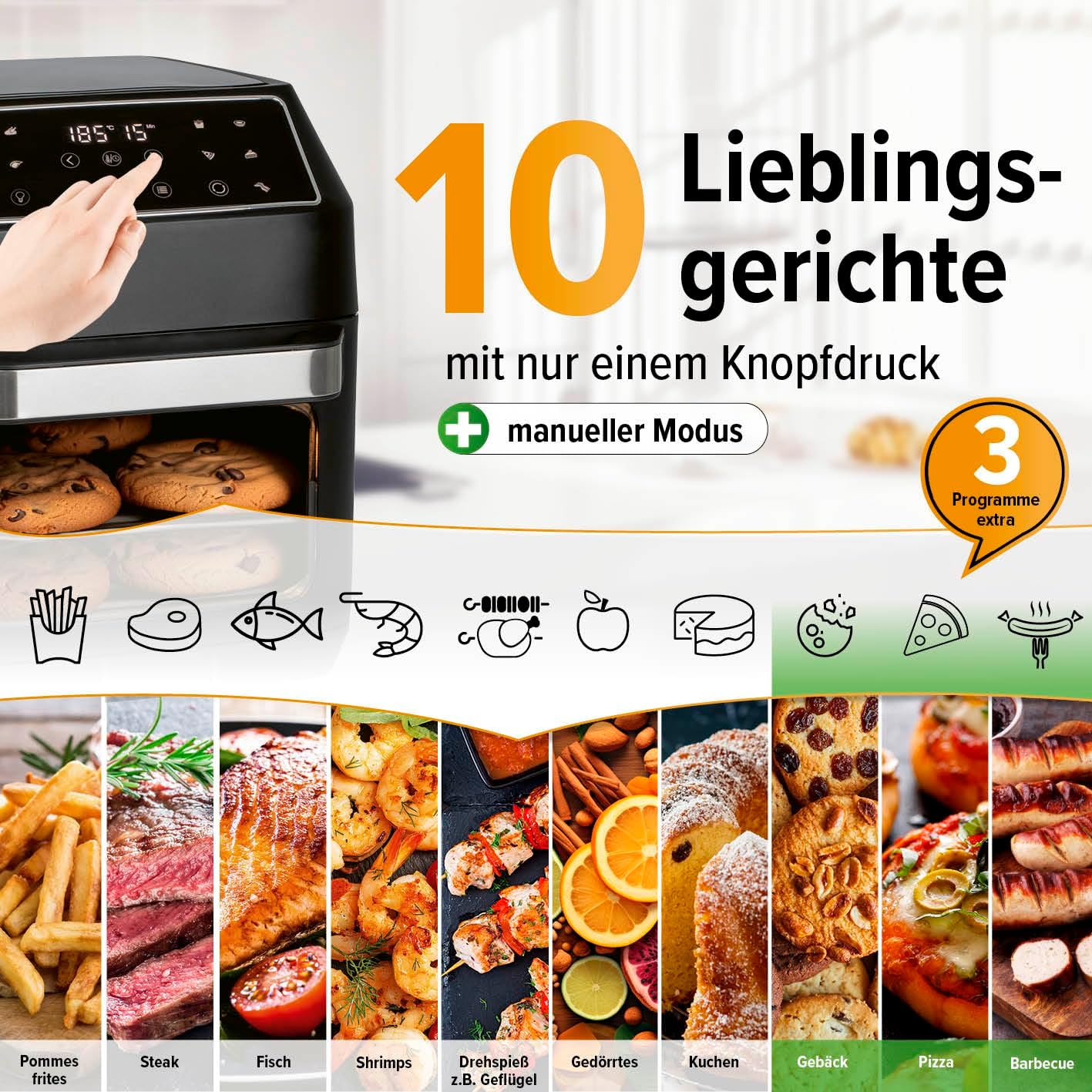 Heissluftfritteuse mit 10 Funktionen und Zubehörset, Mattschwarz 12 Liter