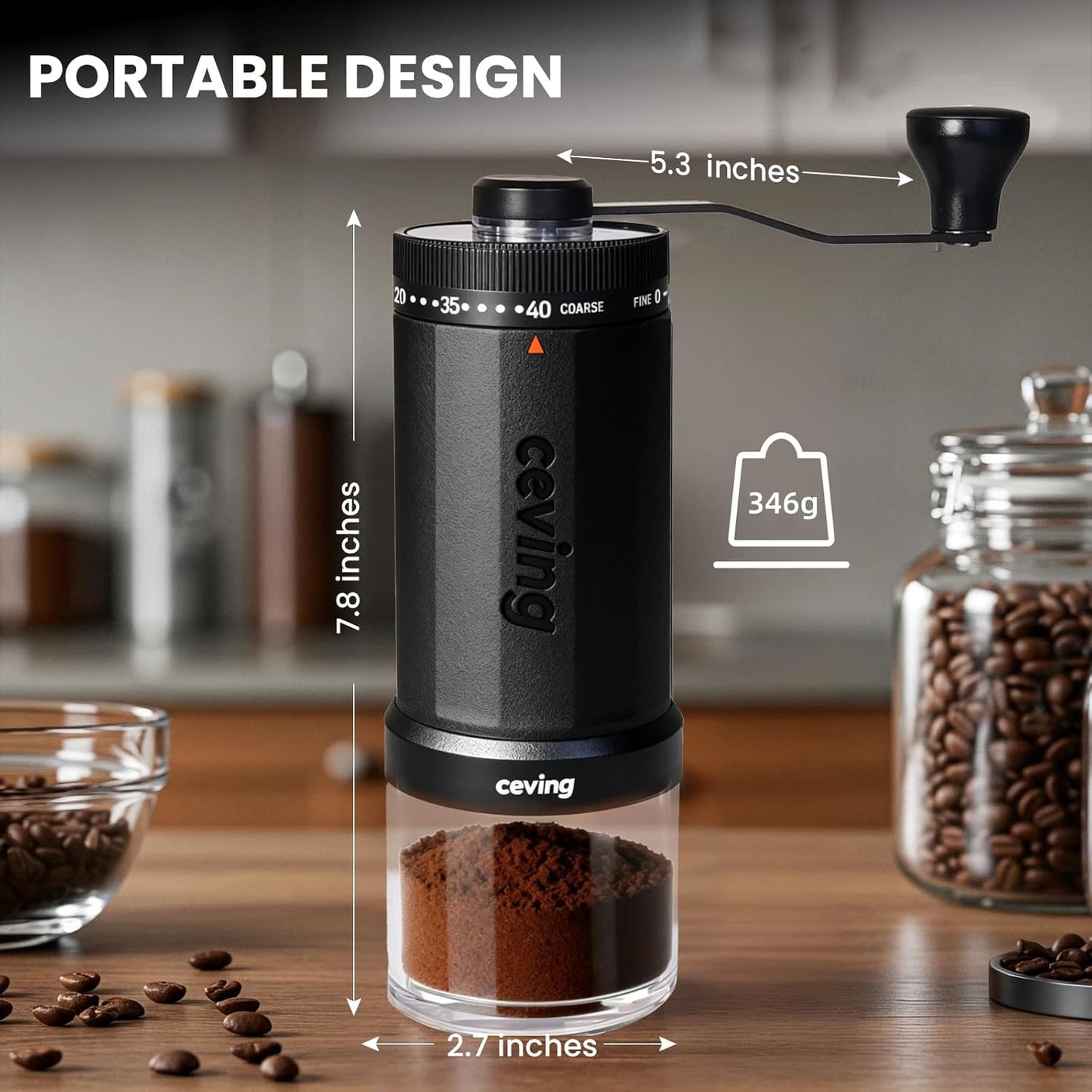 Manuelle Kaffeemühle mit 40 Mahlstufen, Modell Mega, Neues Modell–MEGA