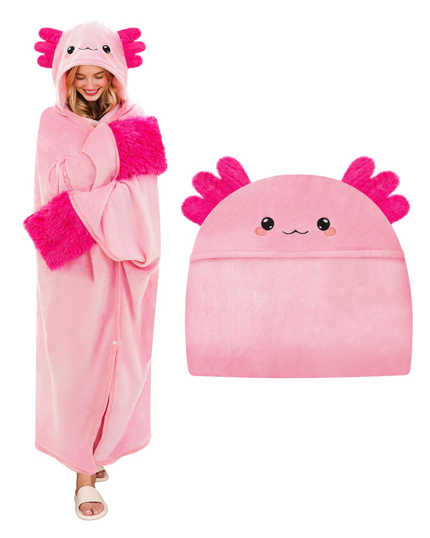 Tragbare Hoodie Kuscheldecke mit Kapuze und Handschuhen, Axolotl