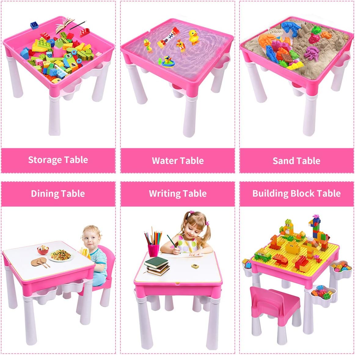 Kindertisch-Set mit Bausteinen, Rosa