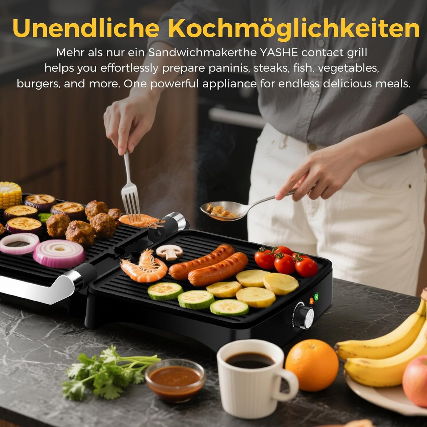 Kontaktgrill mit Antihaftplatten, Cool-Touch-Griff, Fettauffangschale