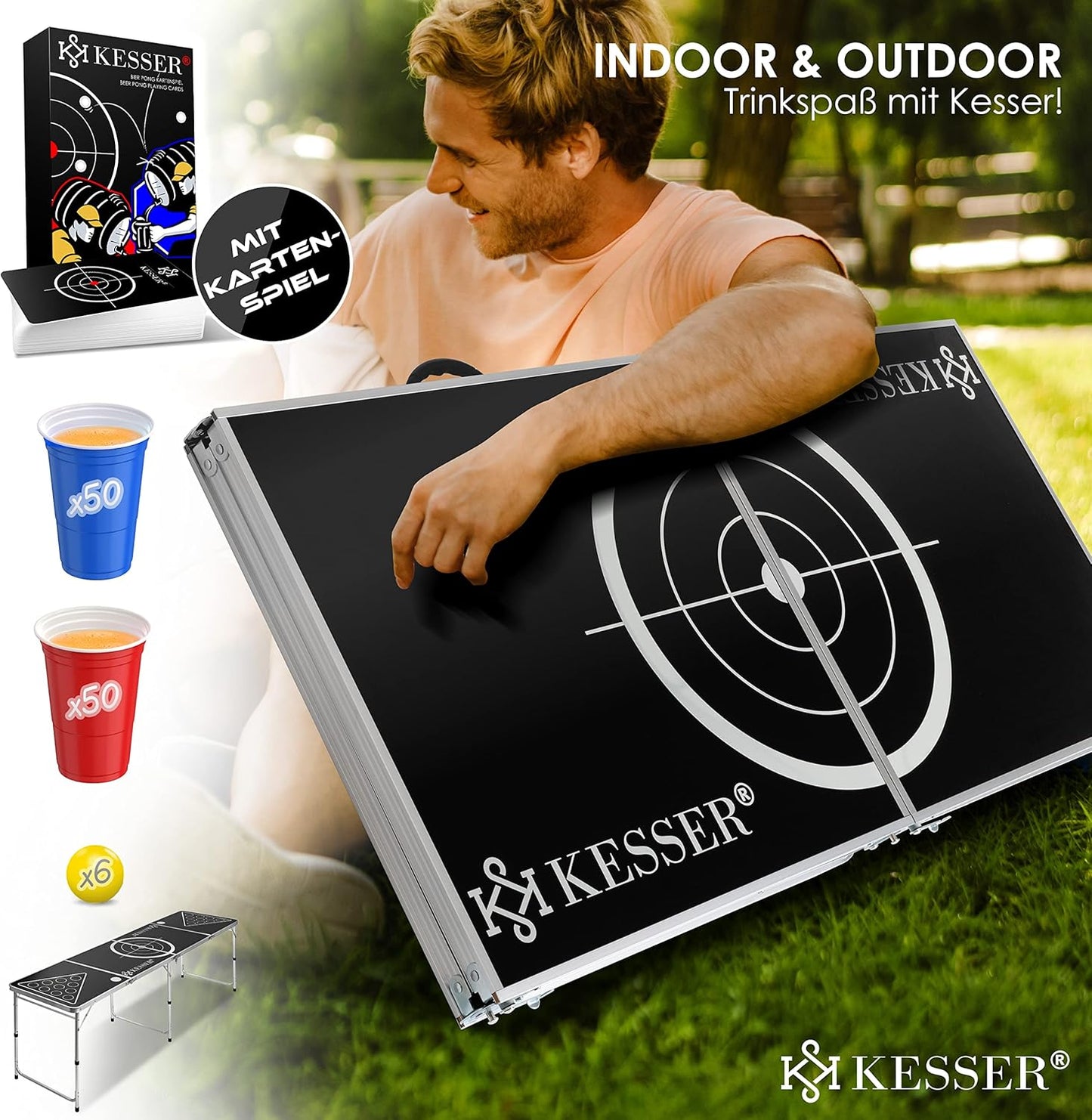 Bier Pong Tisch Set Classic mit Kartenspiel und Zubehör, Classic + Kartenspiel