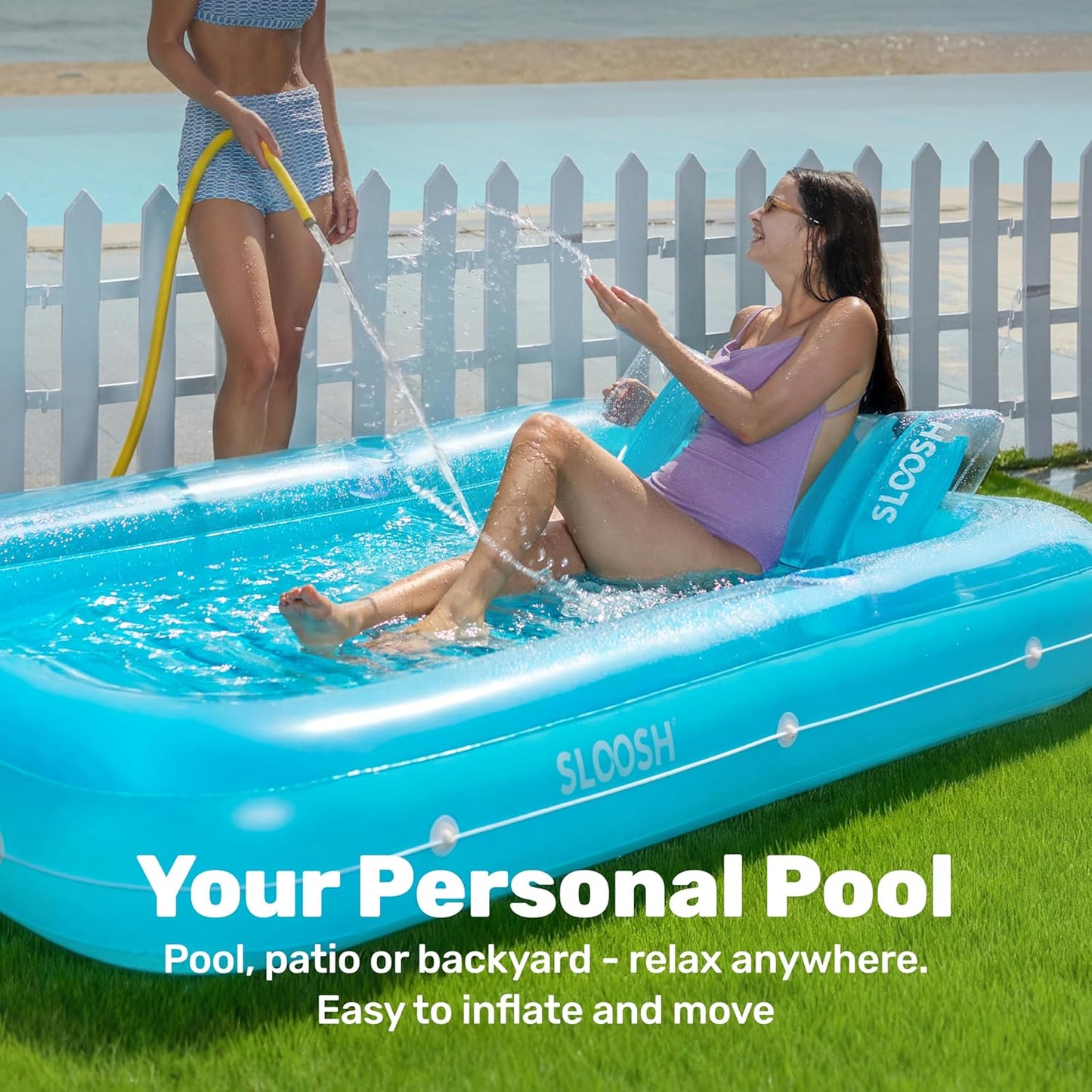Aufblasbarer Sonnenpool mit abnehmbarem Kissen und Getränkehalter, Blau XL