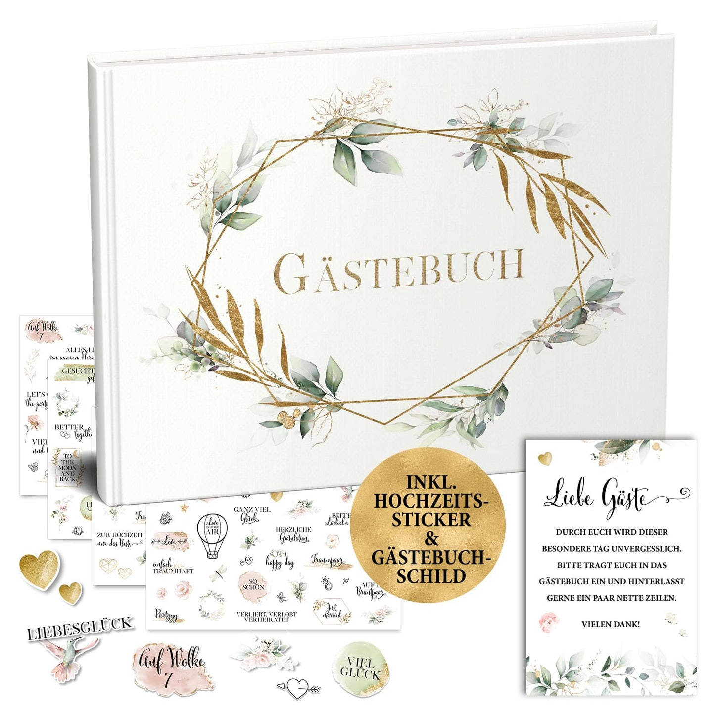 Hochzeits-Gästebuch mit Stickerset, Weiss Inkl. Sticker