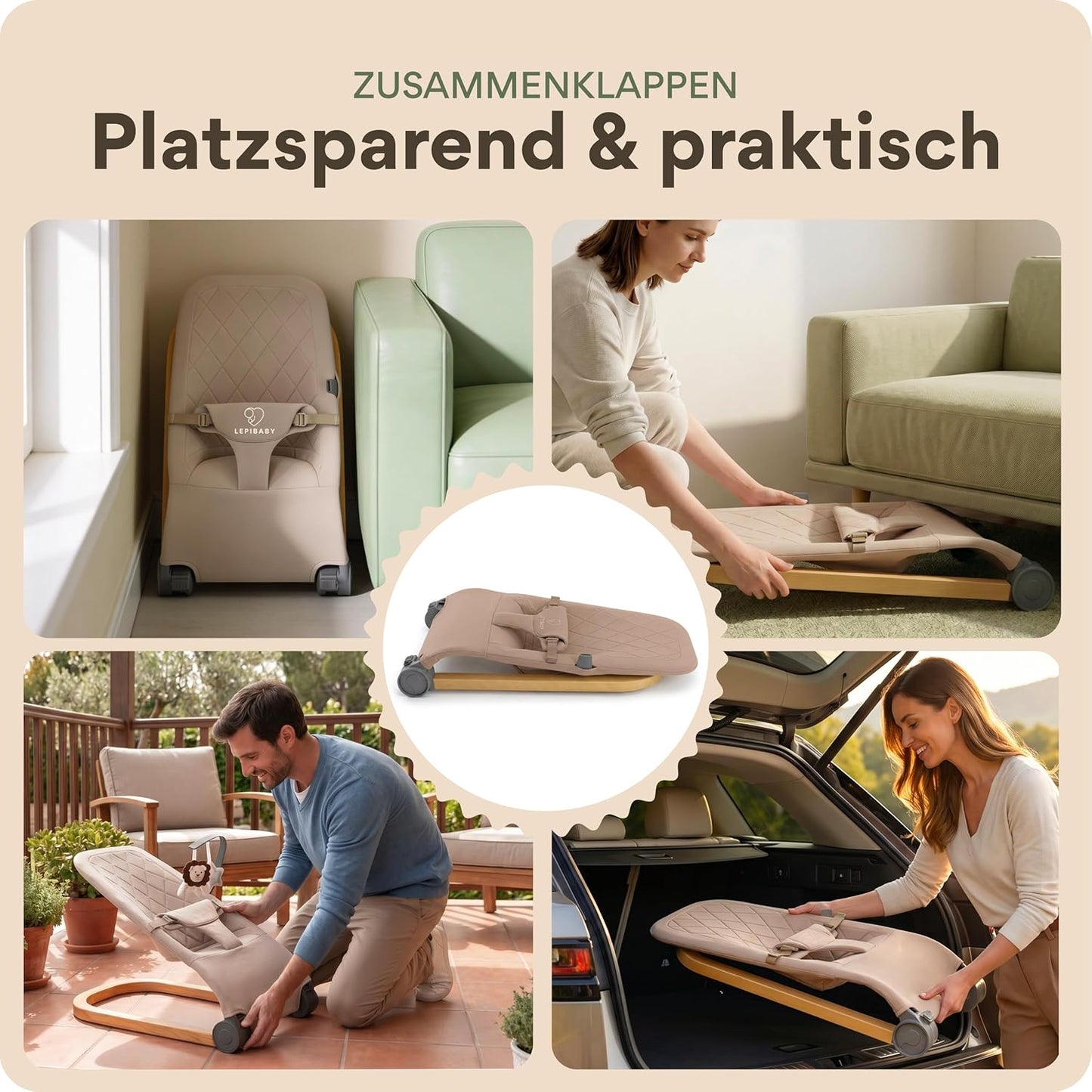 Babywippe Faltbar & Verstellbar mit Spielbogen, Beige