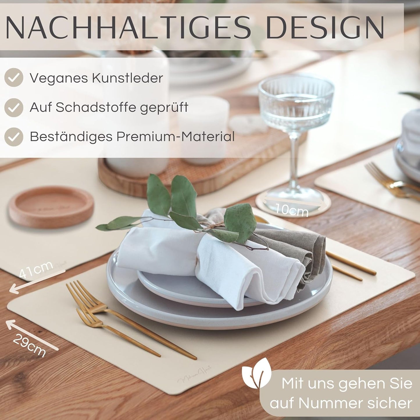 6er-Set Premium Tischset aus Kunstleder, Cremebeige Eckig mit Halter