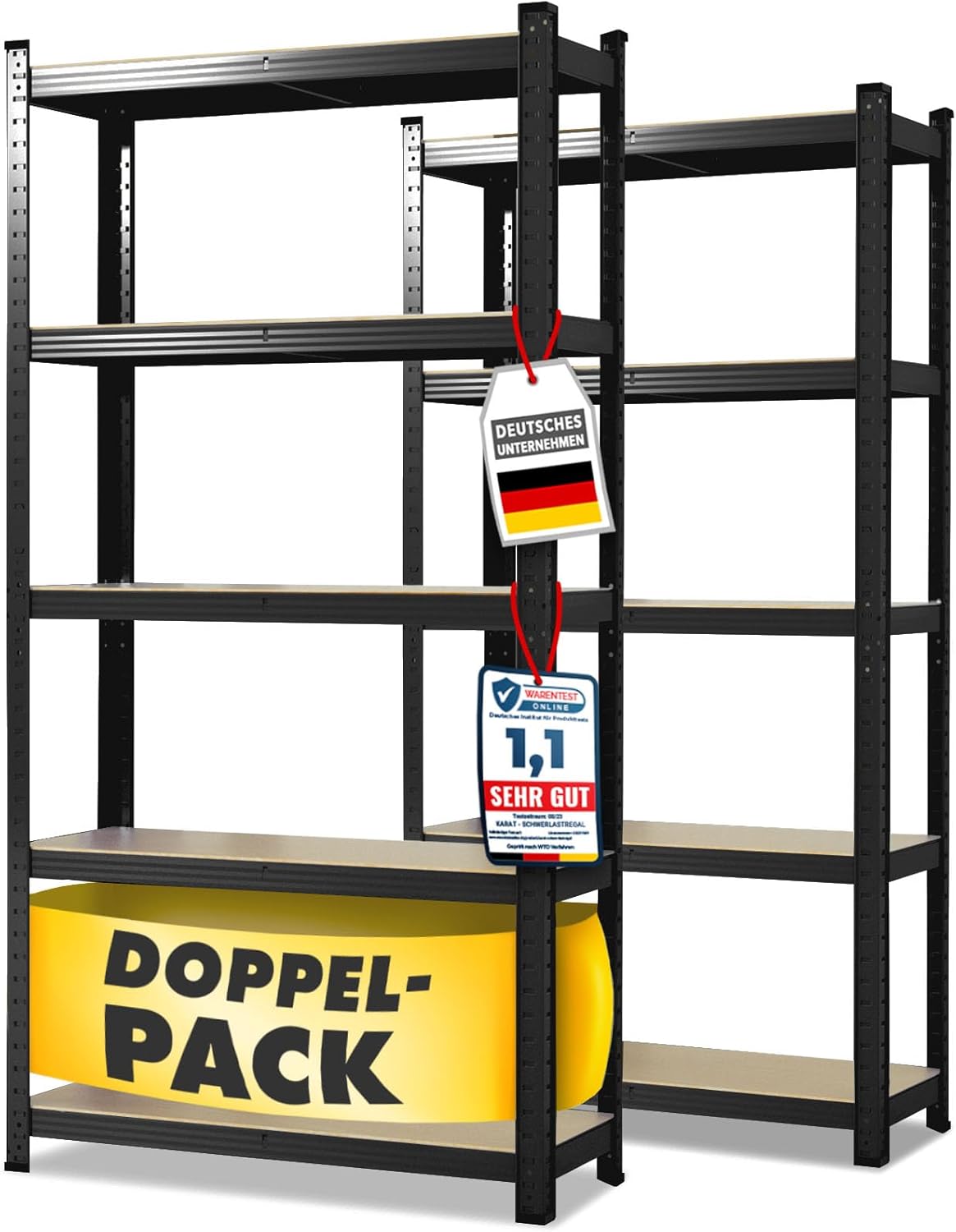 2er Set Schwerlastregal mit 5 Böden, 150 x 75 x 30 cm Schwarz