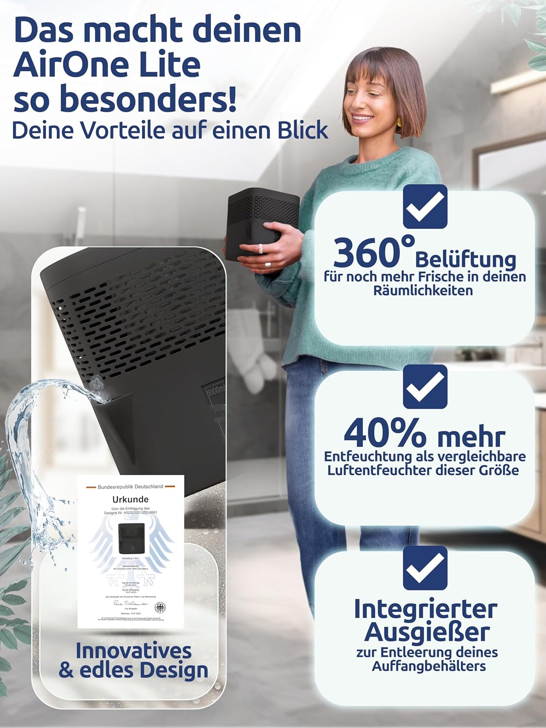 AirOne Lite - Luftentfeuchter für Bad & Küche, Midnight Black
