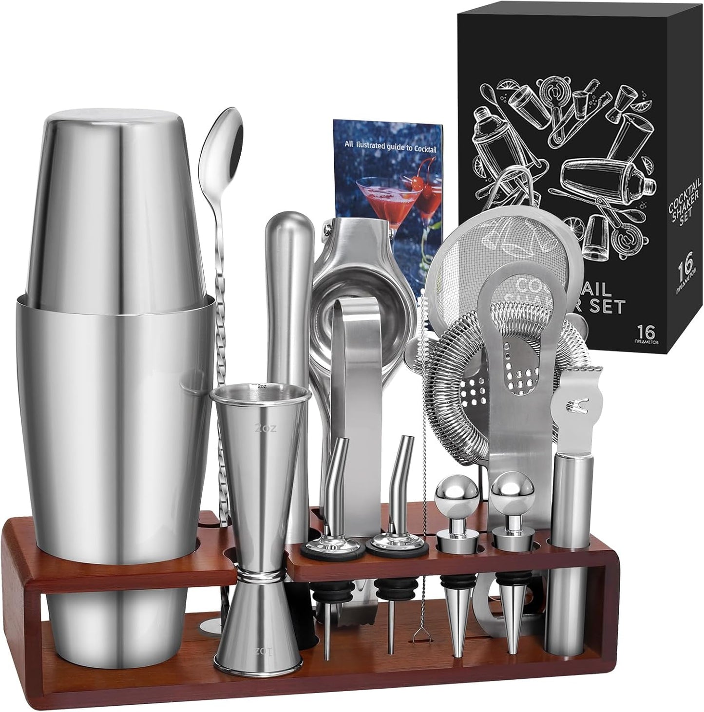 Cocktail Shaker Set mit Rezeptbuch und Ständer, Mit Gestell