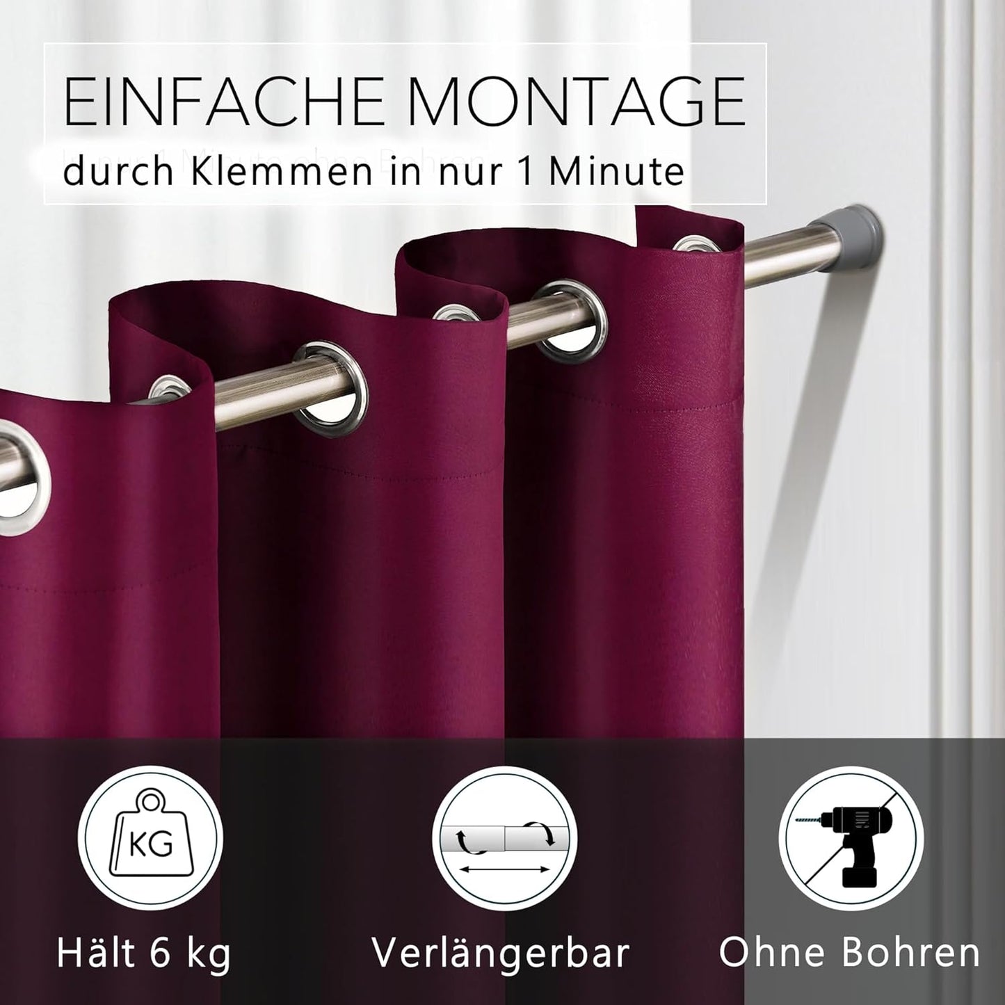 Türvorhang mit Teleskopstange, H200 x B150 cm (1er Pack) Türvorhang Bordeaux Rot + Stange Silber