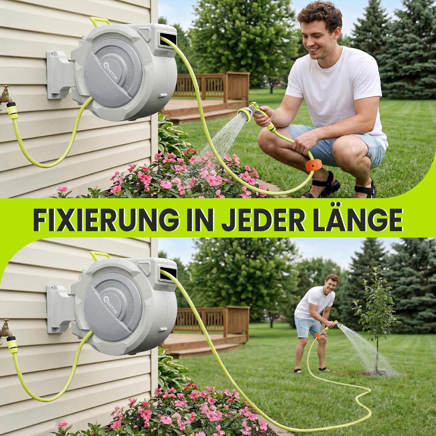 Automatische Schlauchtrommel 30m, schwenkbar mit Gartenbrause, Grün & Grau 30M