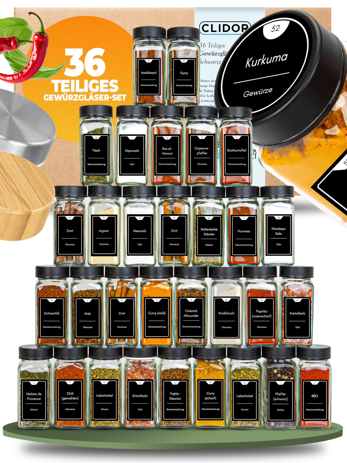 36-teiliges Gewürzgläser-Set mit Streueinsatz, 36er Set - Mattschwarz