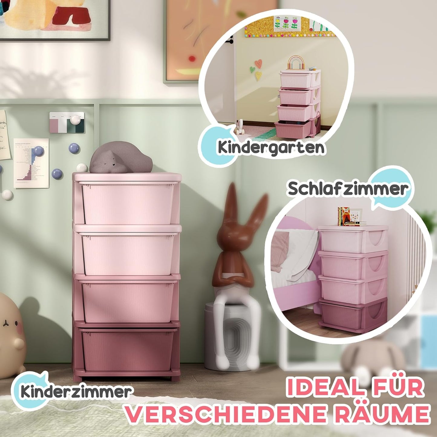 Schubladenschrank Kunststoff Rosa, 37L x 37B x 76H cm Rosa