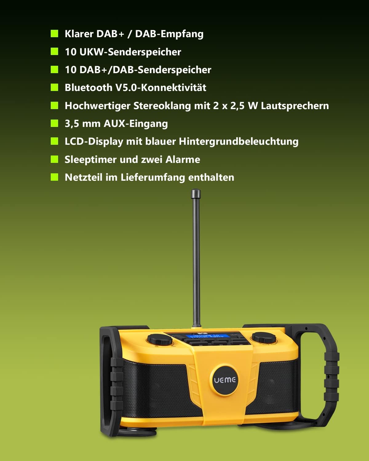 Baustellenradio mit Bluetooth und Wecker, Gelb-Schwarz