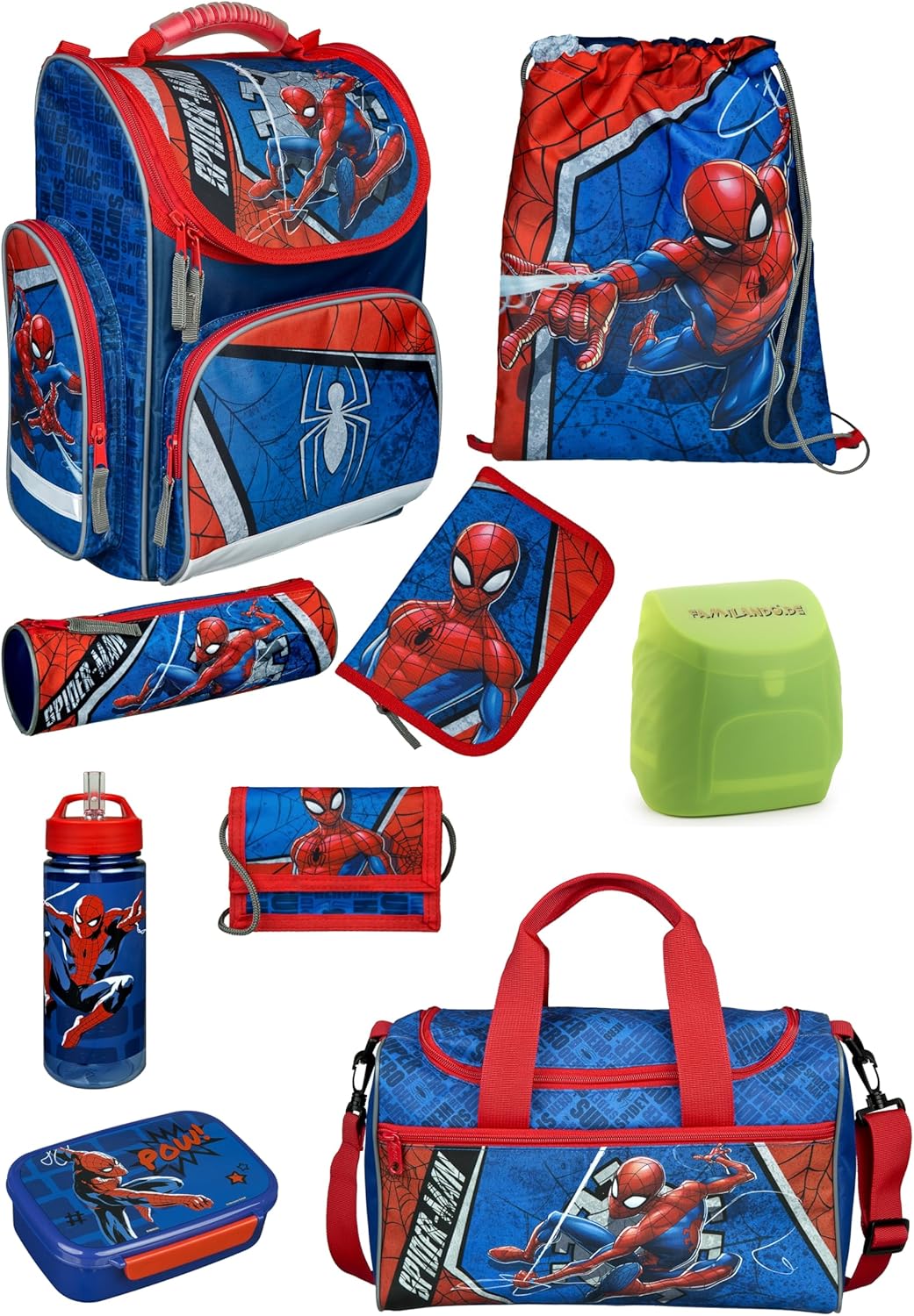 9-teiliges Spiderman Schulranzen-Set, 9-teiliges Set mit Sporttasche