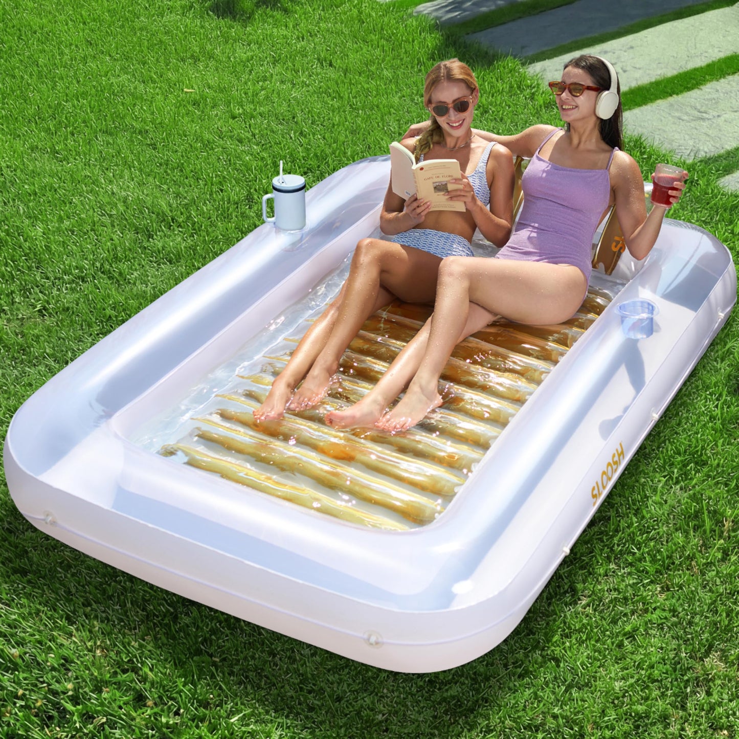 Aufblasbarer Sonnenpool mit abnehmbarem Kissen und Getränkehalter, Gold-Weiss XL
