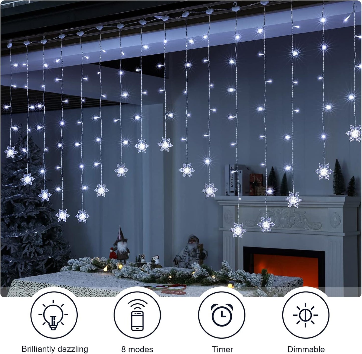 Lichtervorhang mit Schneeflocken-Motiv, 2x1m, 104 LEDs, Kaltweiss-schneeflocken