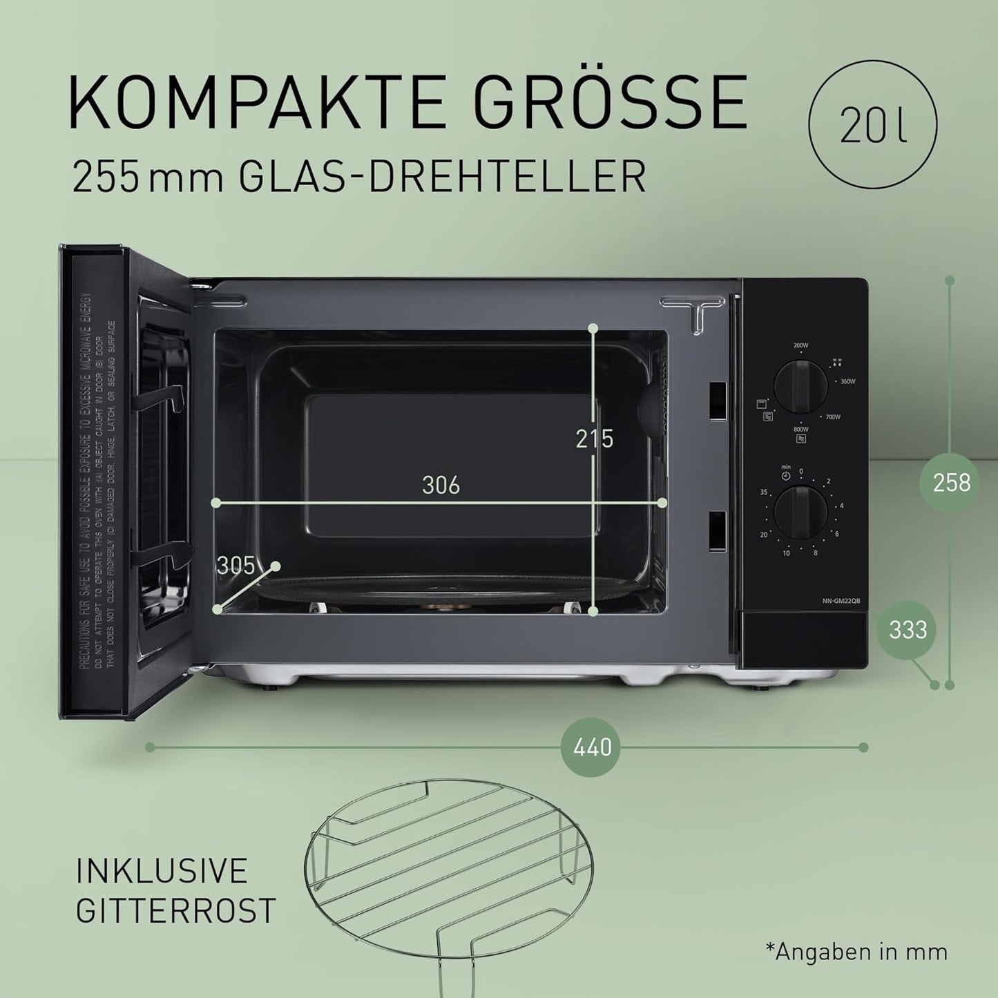 Grill-Mikrowelle NN-GM22QBEPG mit Glasplatte & Timer, Mit Grill Compact Schwarz