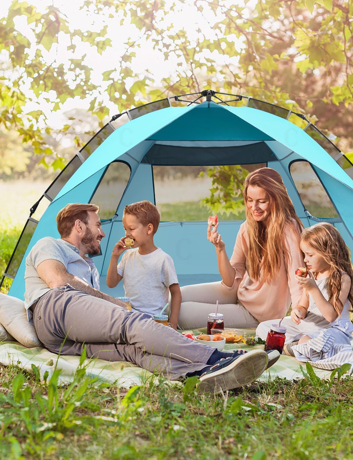 Quick-Up Strandmuschel mit UV-Schutz 50+ für 4-6 Personen, Blau mit silbernem Vinyl