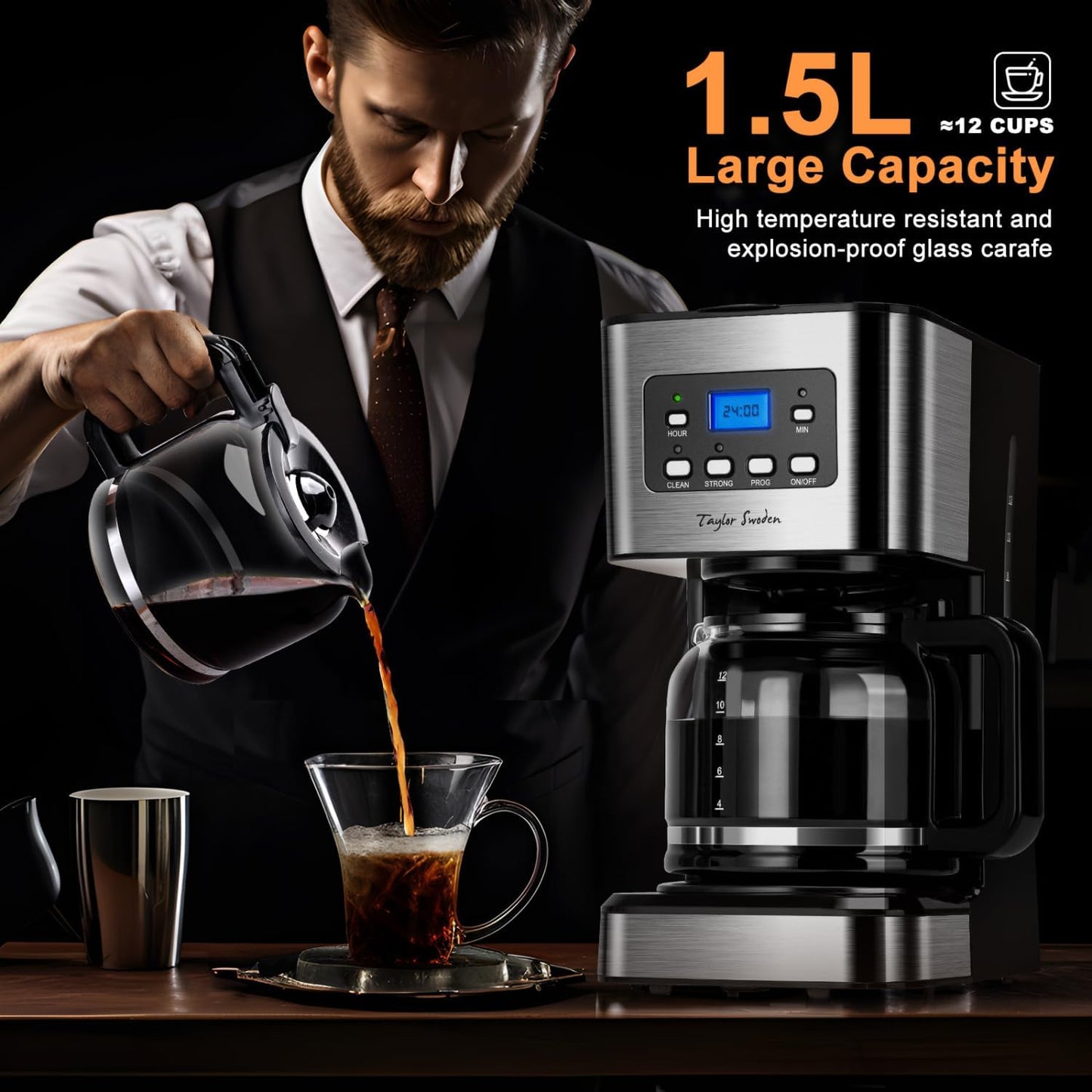 2er Set Filterkaffeemaschine mit Timer und Abschaltautomatik, Schwarz*2