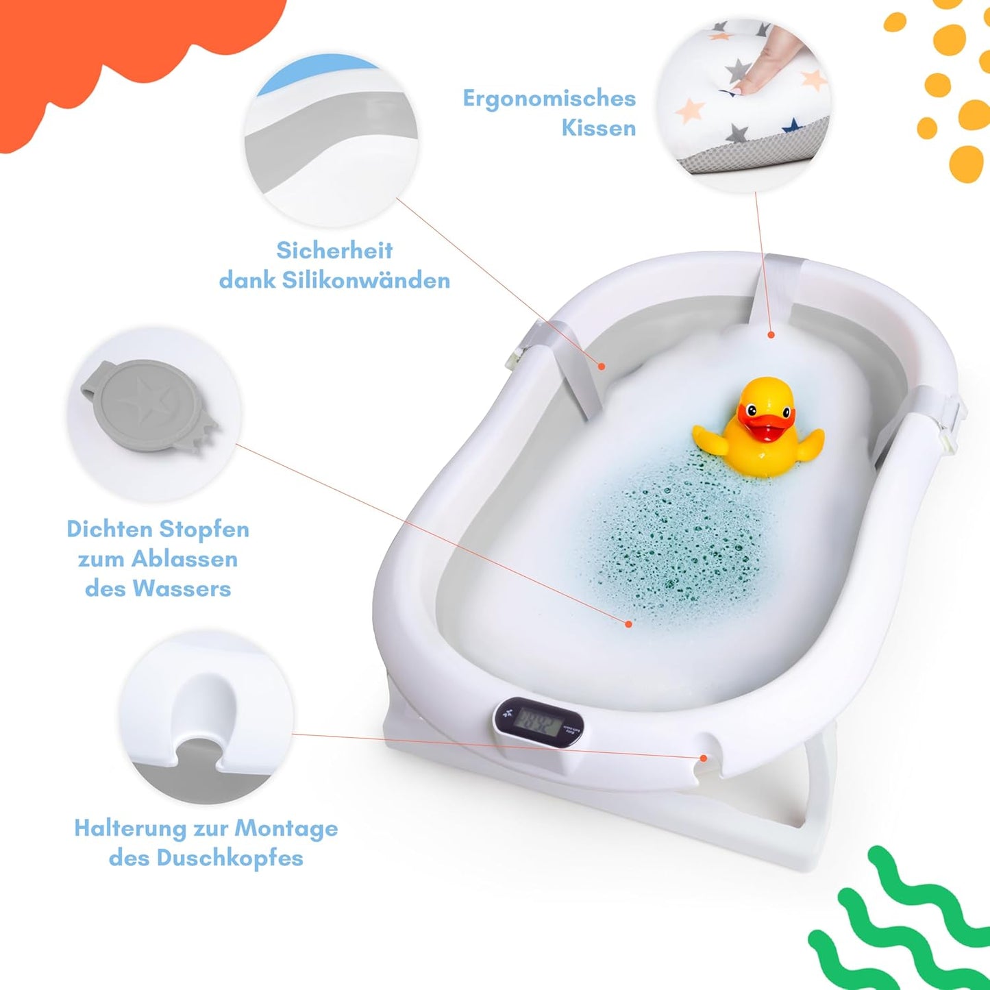 Faltbare Babybadewanne mit Gestell und Thermometer, Grau 84,5cm Höhe - mit Ständer