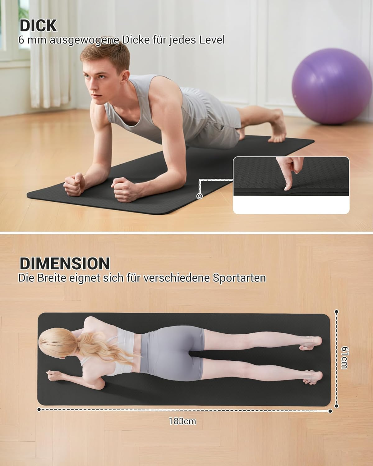 Gymnastik- und Yogamatte mit Tragegurt, Schwarz