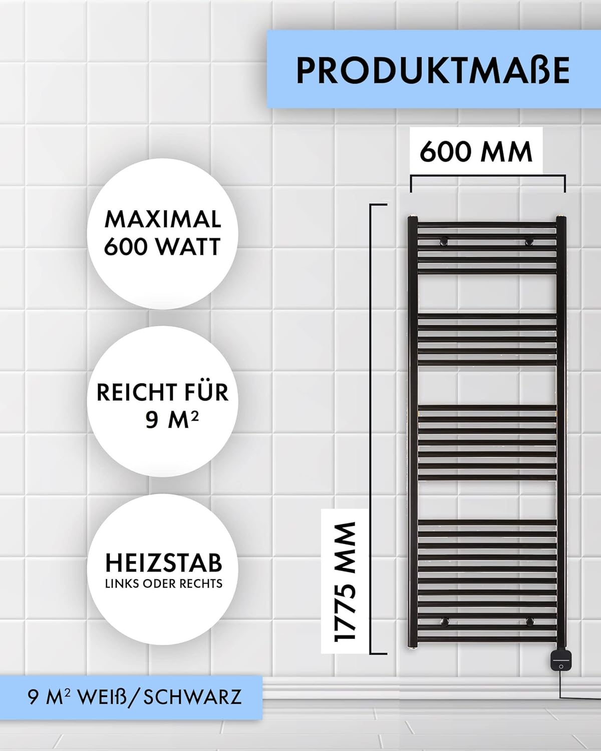 Elektrischer Badheizkörper mit Timer-Funktion, 1775h x 600b