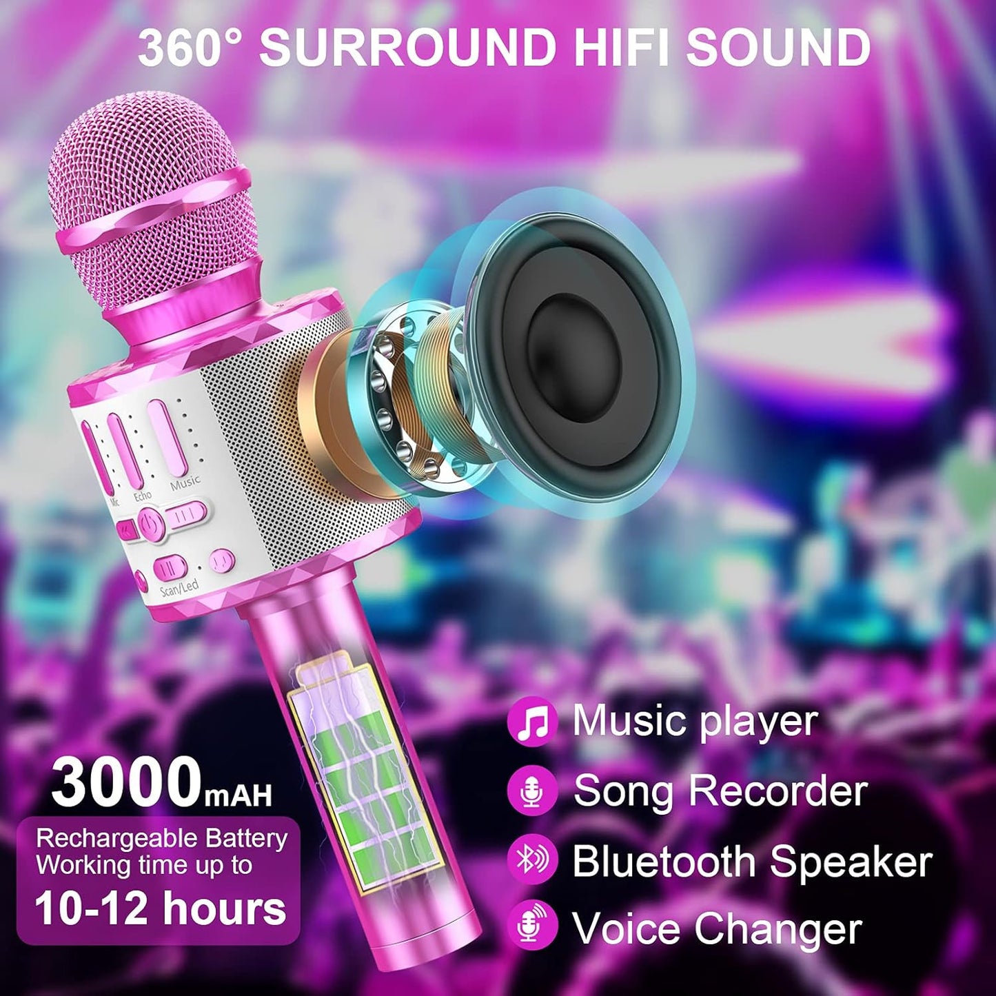 Karaoke Mikrofon mit Bluetooth und LEDs, Rosa