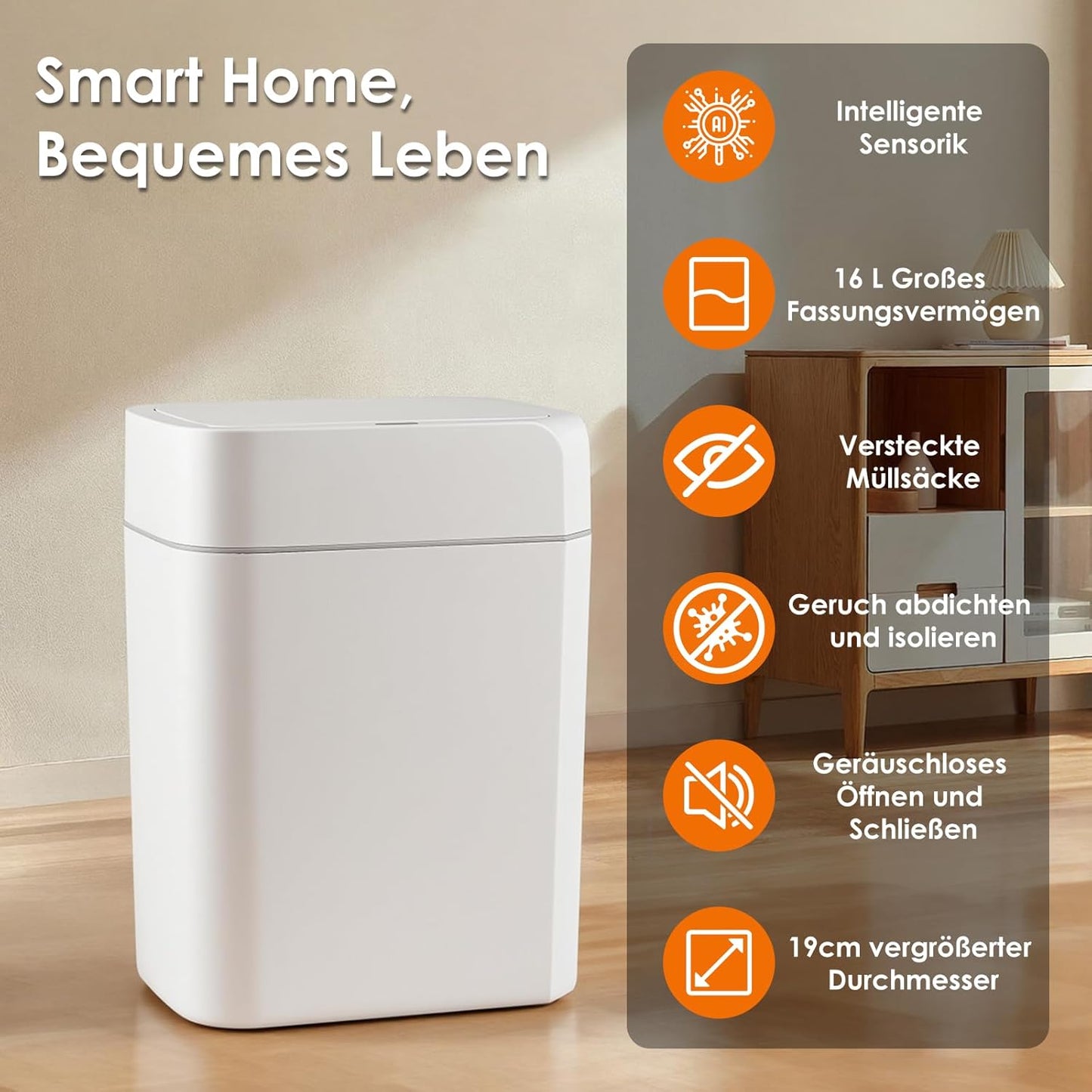Automatik Touchless Mülleimer mit Sensor, Weiss