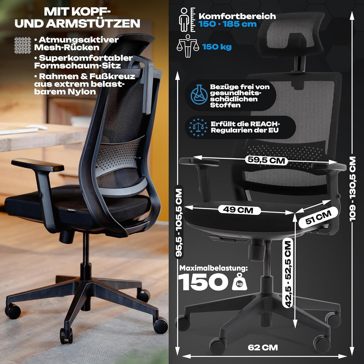 Ergonomischer Schreibtischstuhl M2pro, M2pro (Schwarz)
