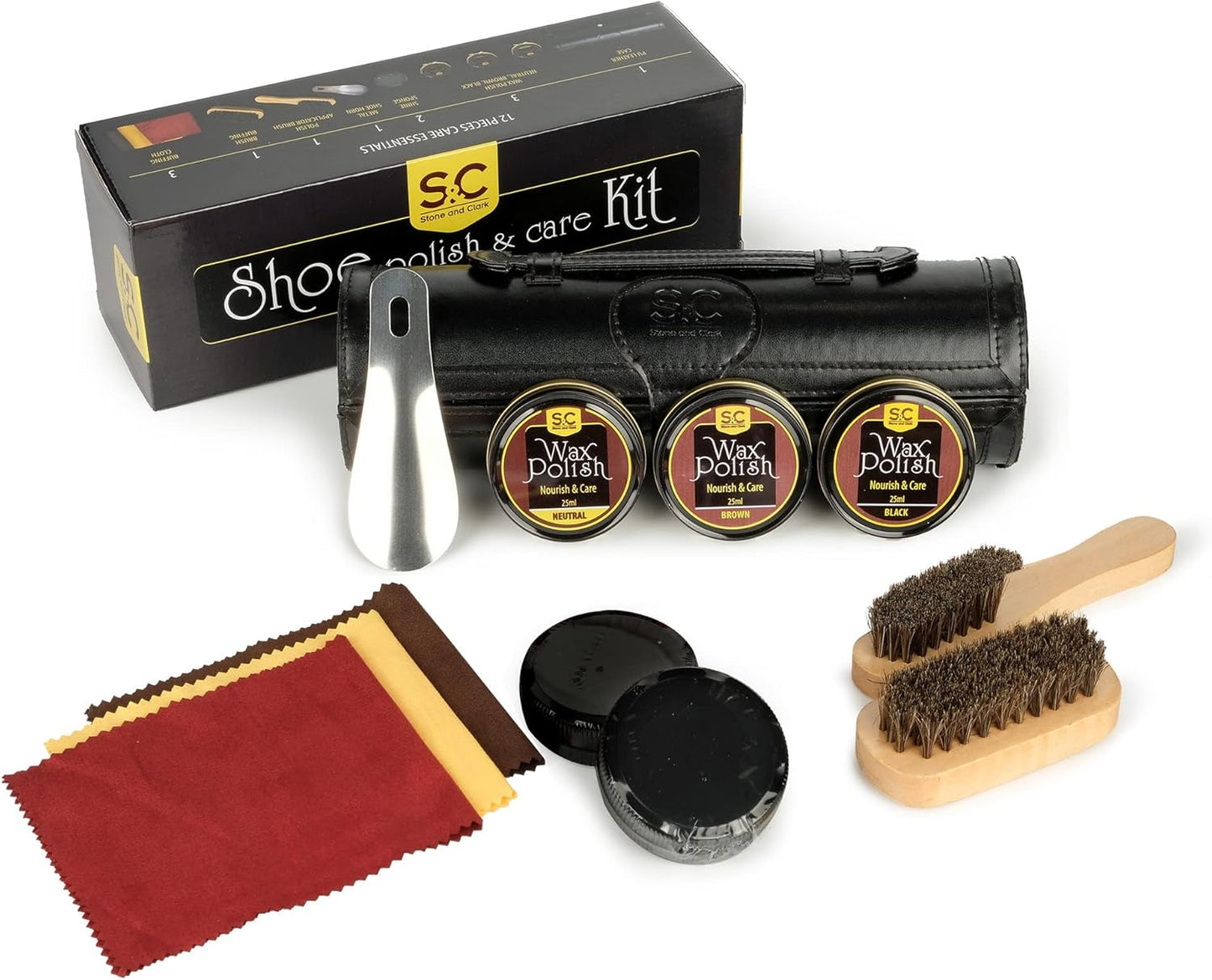 12-teiliges Schuhpflege-Set für Leder, Klassischer Schwarzer Bausatz