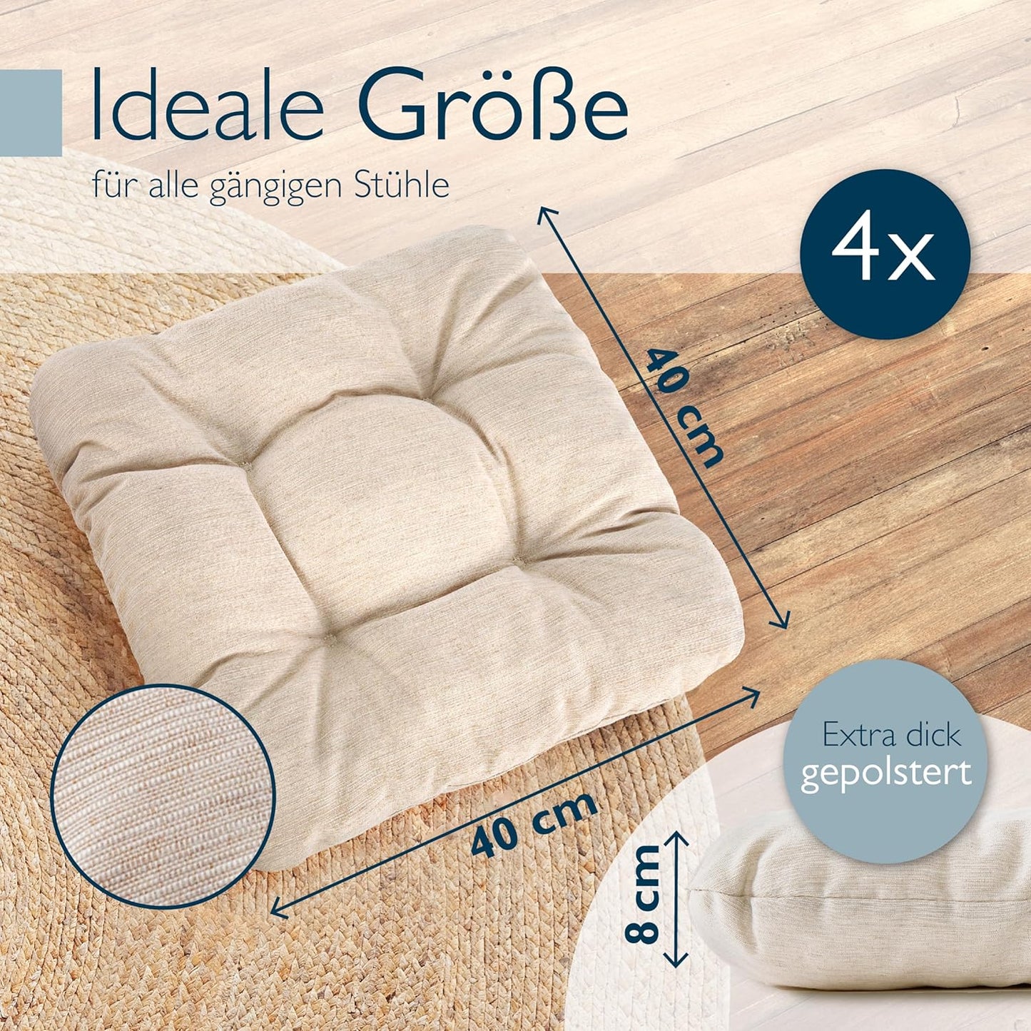 Premium Stuhlkissen-Set (4er, 40x40 cm), 4er Set Natur