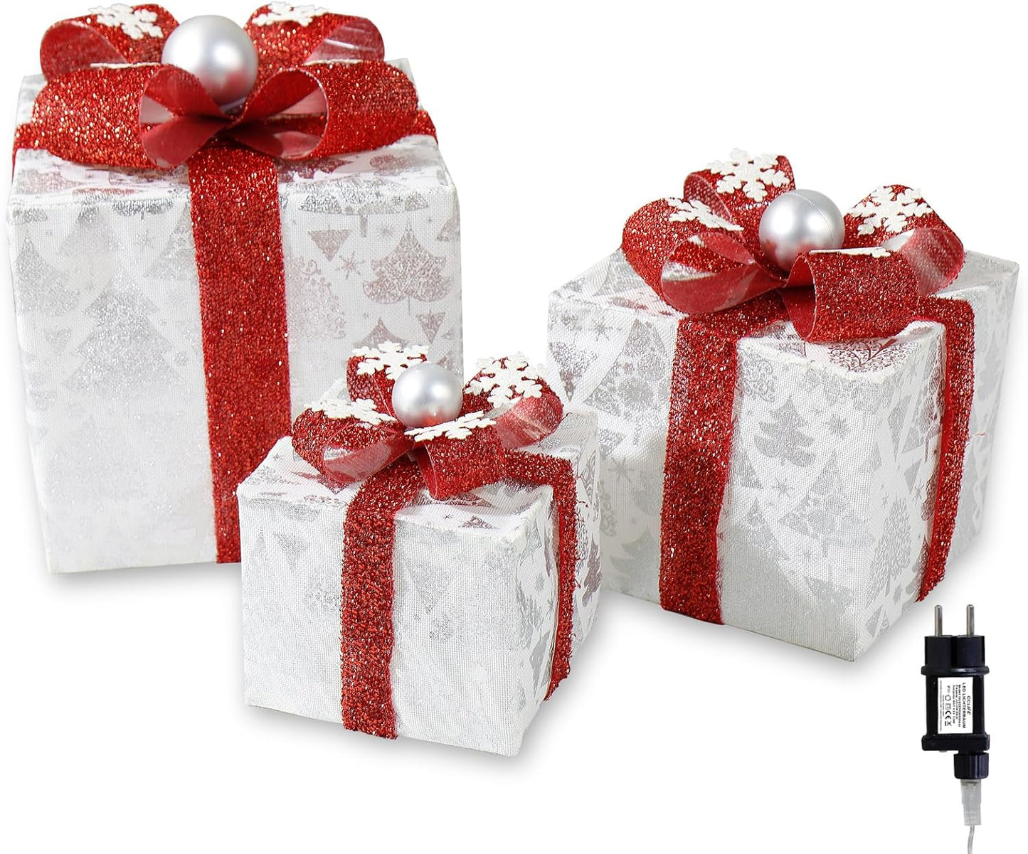 3er LED Geschenkbox Set mit Lichterkette, 009 Weiss mit Weihnahchtsbaum - Netzstecker
