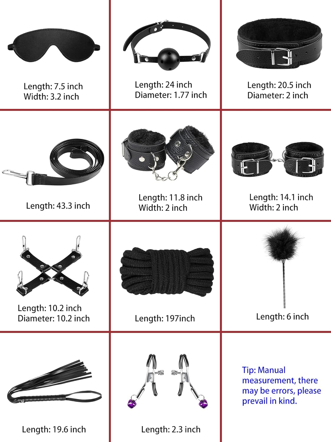 BDSM Bondage-Set mit 10 Zubehörteilen, Schwarz