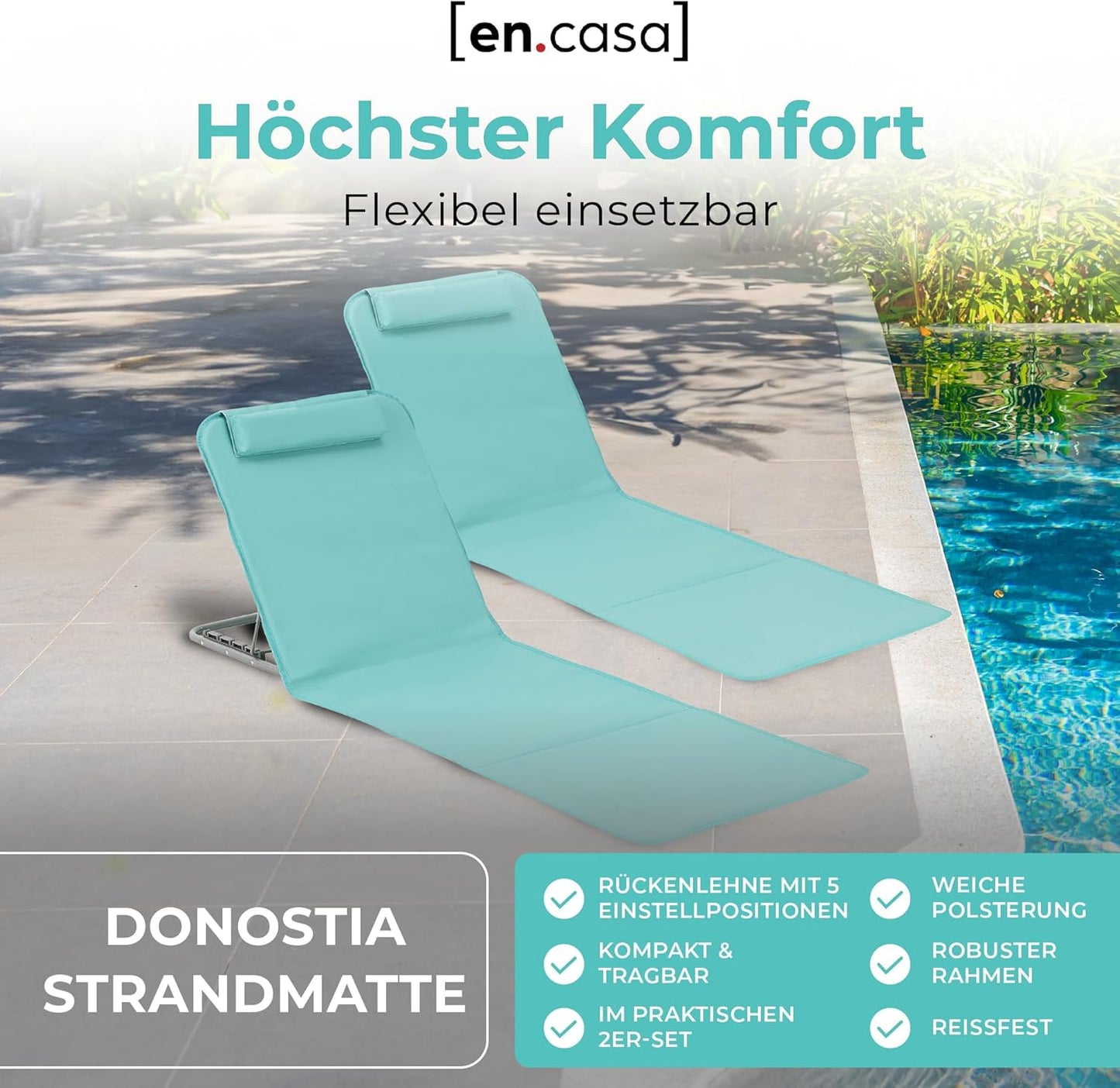 Strandmatte 2er-Set klappbar mit verstellbarer Rückenlehne, Türkis