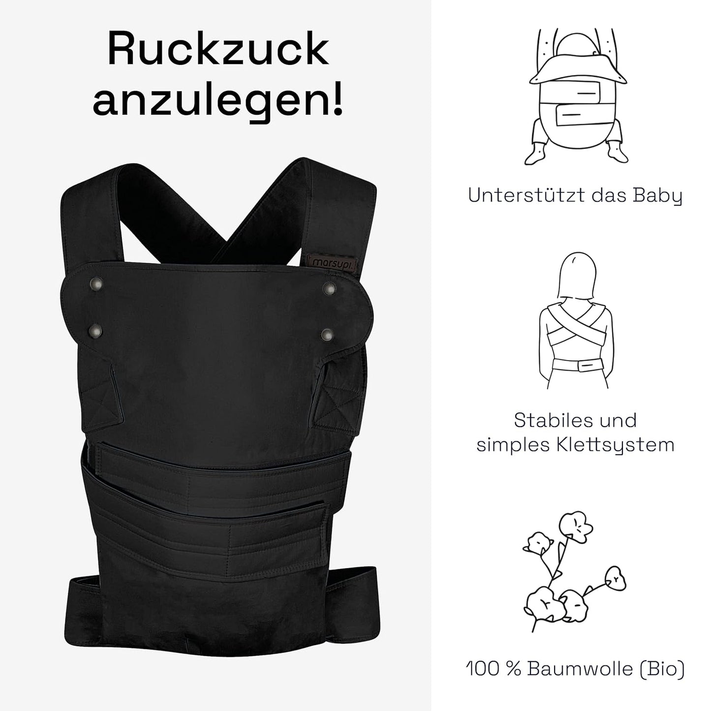 Babytrage für Neugeborene bis 15 kg, XL Black