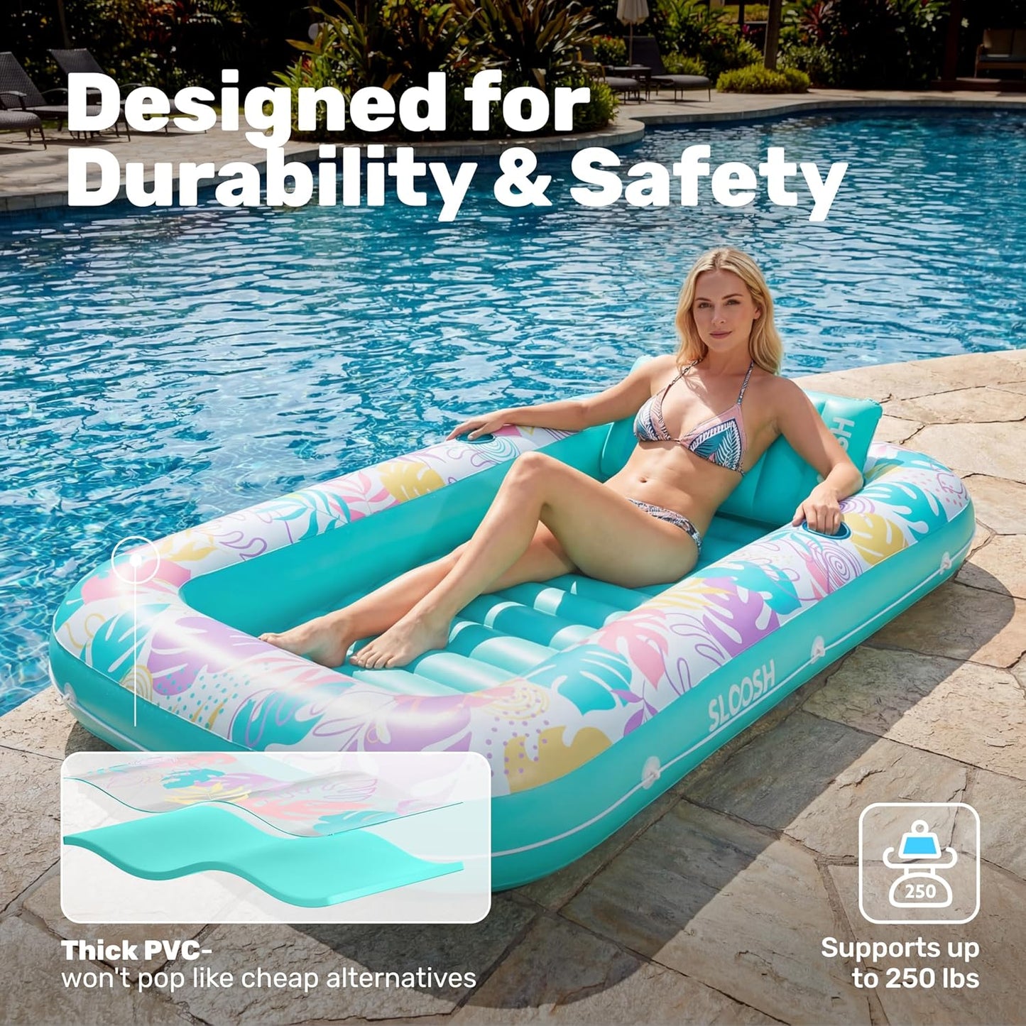 Aufblasbarer 4-in-1 Sonnenliegepool mit Kissen und Getränkehalter, Tropisches Blau L