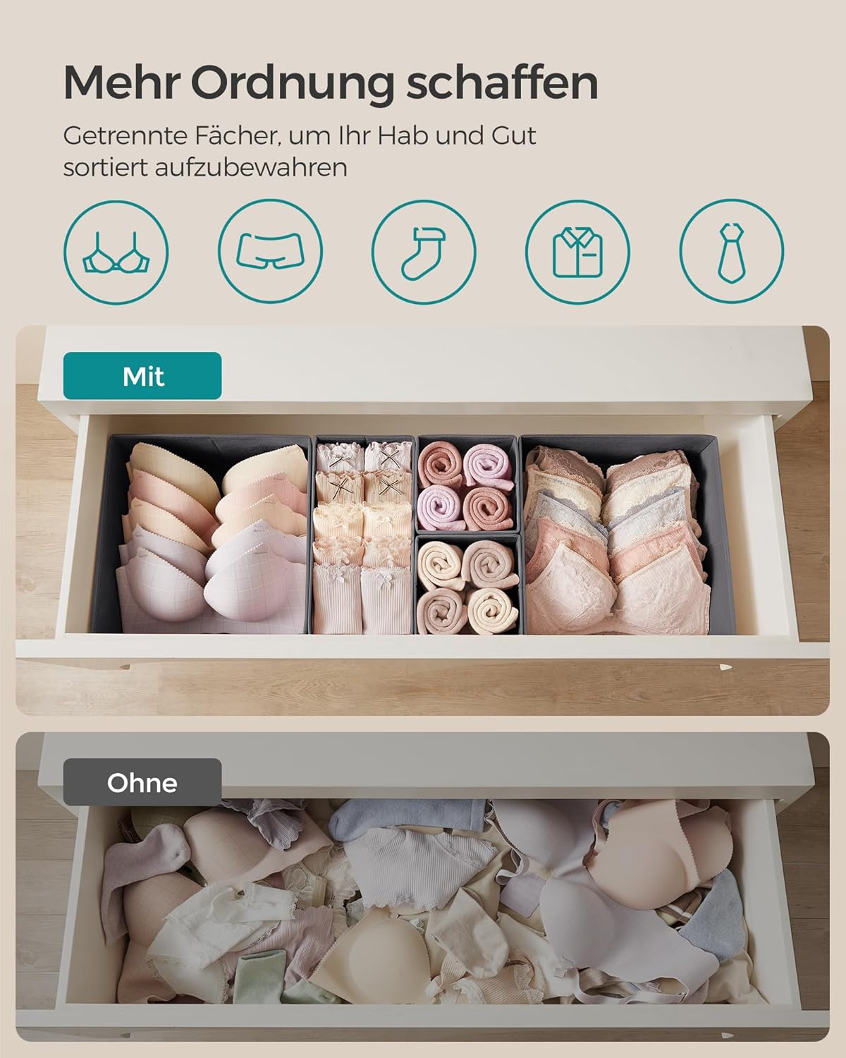 12-teiliges Aufbewahrungsboxen-Set für Schubladen, 12er Set Schiefergrau
