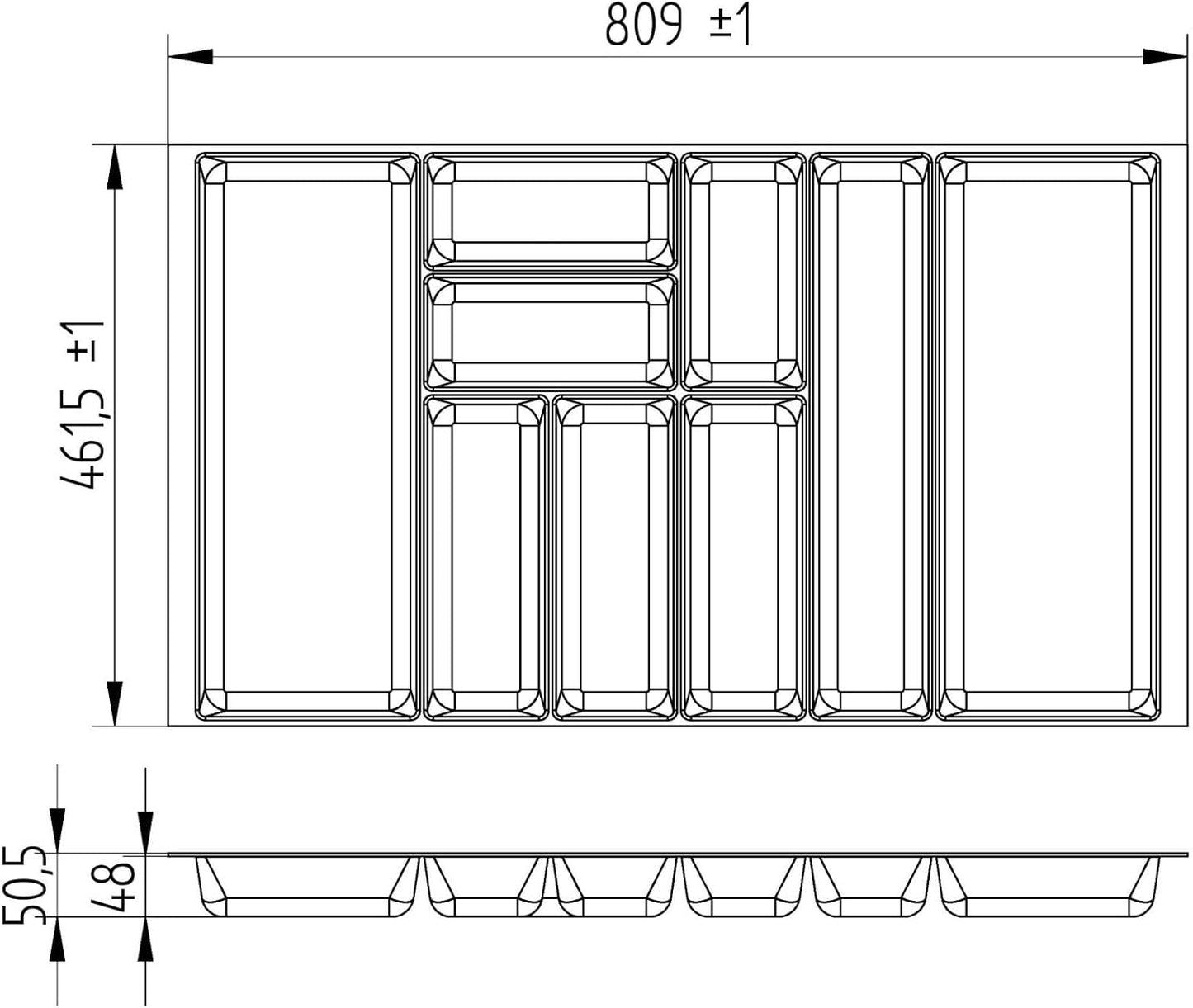 SO-BOX II Serie Besteckkasten für 90er Korpus, Besteckkasten Breite: 809 mm (für 90er Korpus) Silbergrau