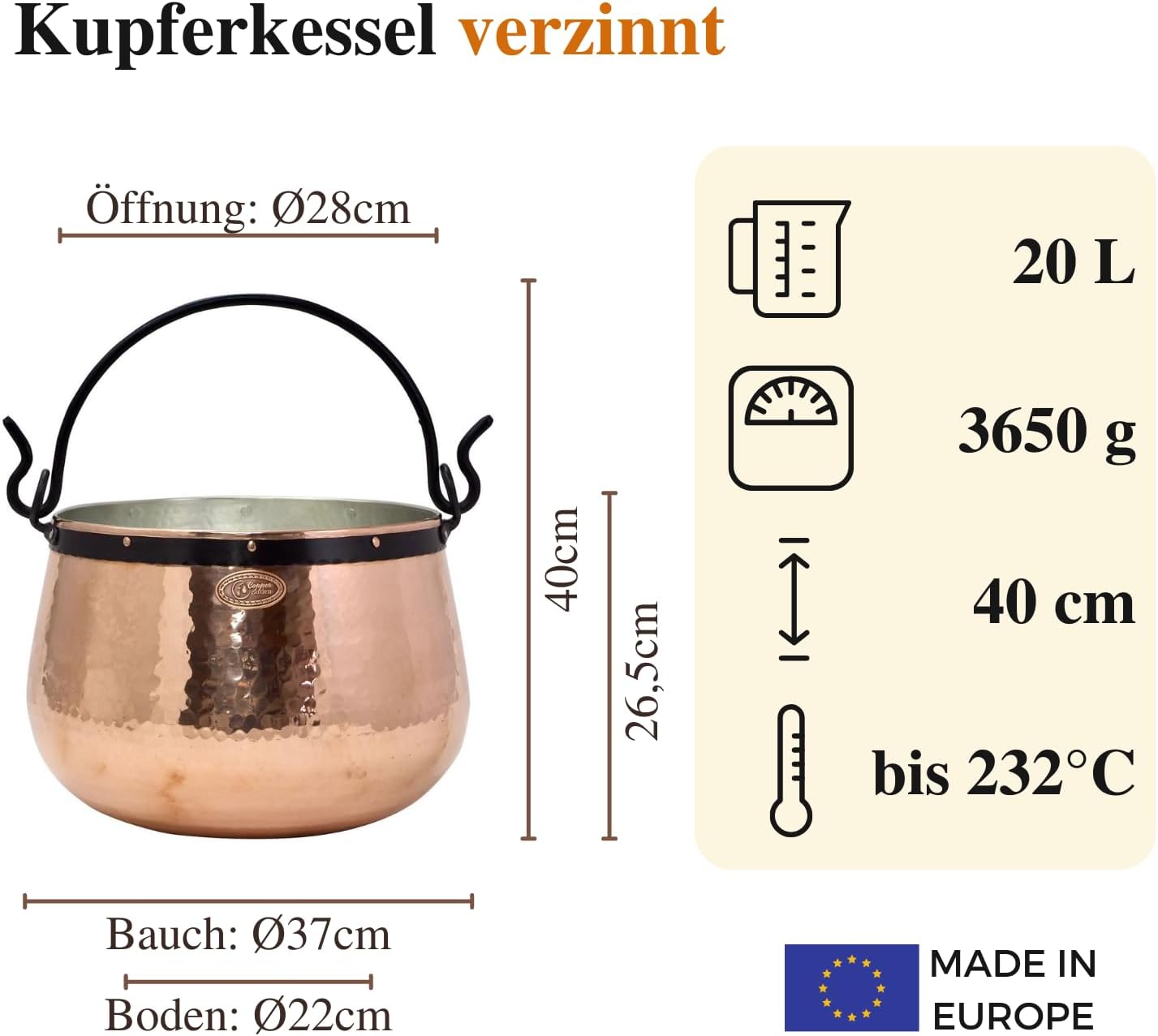 Kupferkessel, 20 L, 20 L Verzinnt