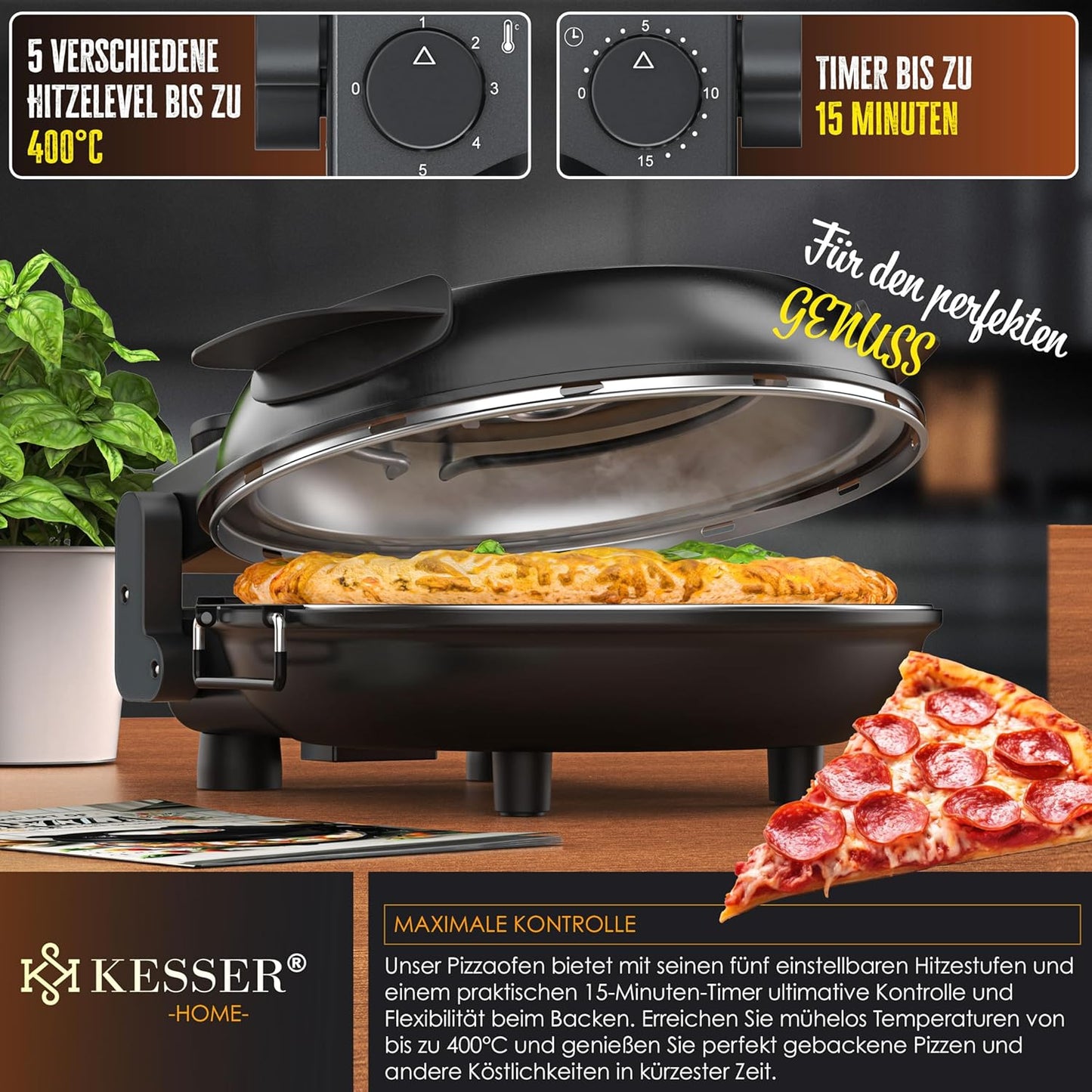 Pizza-Ofen mit feuerfester Steinplatte & Timer, Schwarz