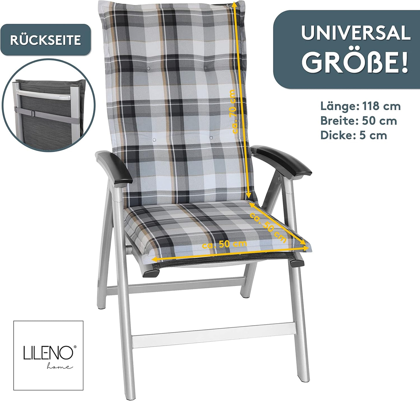 2er-Set Gartenstuhl-Auflagen für Hochlehner, Karo Grau 2