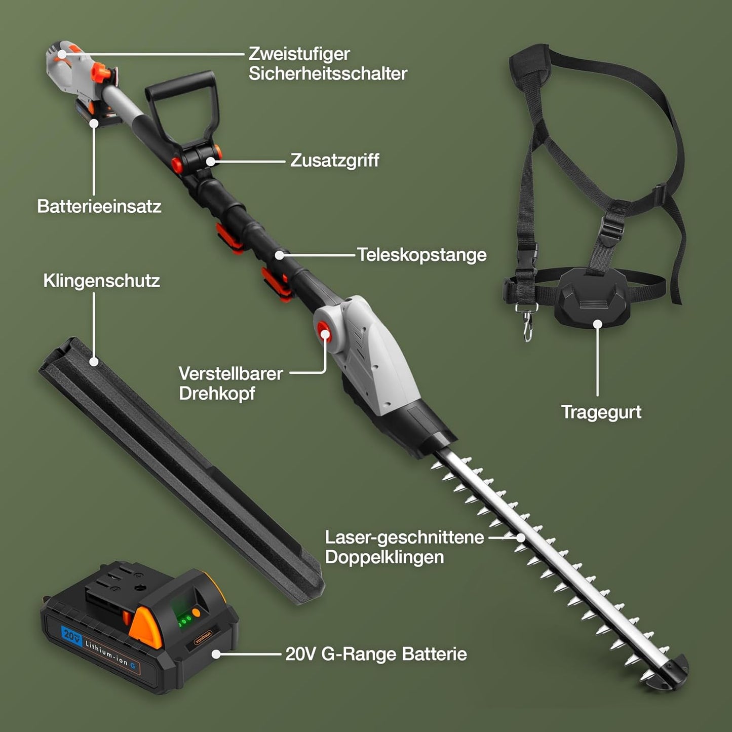 Akku-Teleskop-Heckenschere, Grau