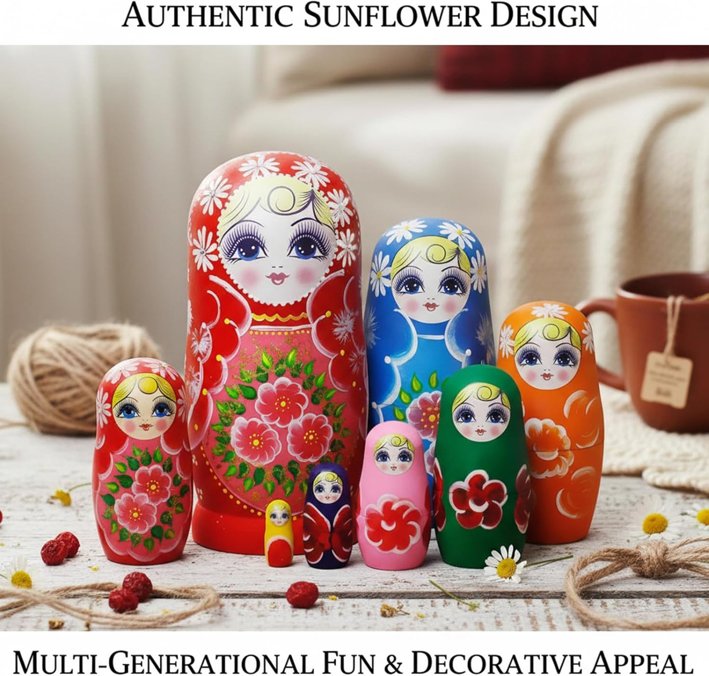 Russisches Matroschka-Set, 7-teilig, Sonnenblumen