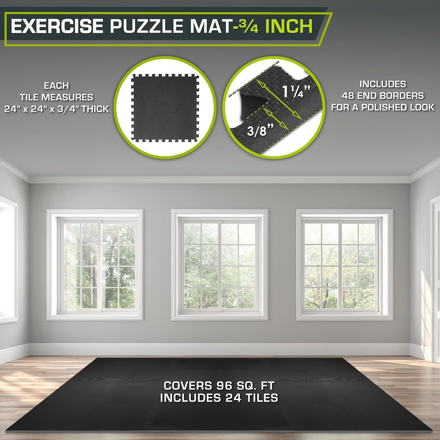 Extra dicke Puzzle-Übungsmatte aus EVA-Schaum 24 Fliesen, Black - 3/4 Inch - 96 Sq Ft - 24 Tiles