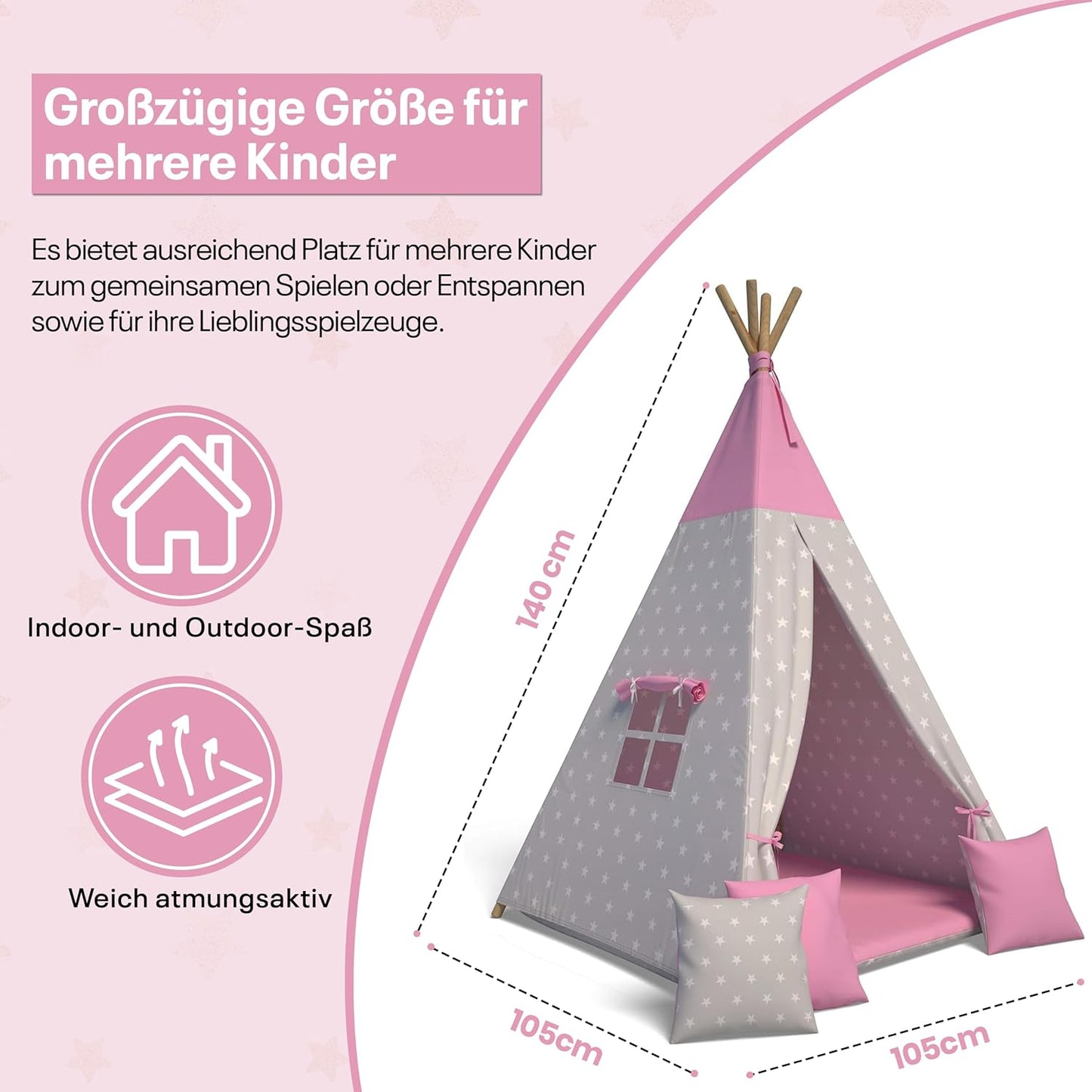 Tipi-Spielzelt für Kinder mit Kissen, Sterne Rosa