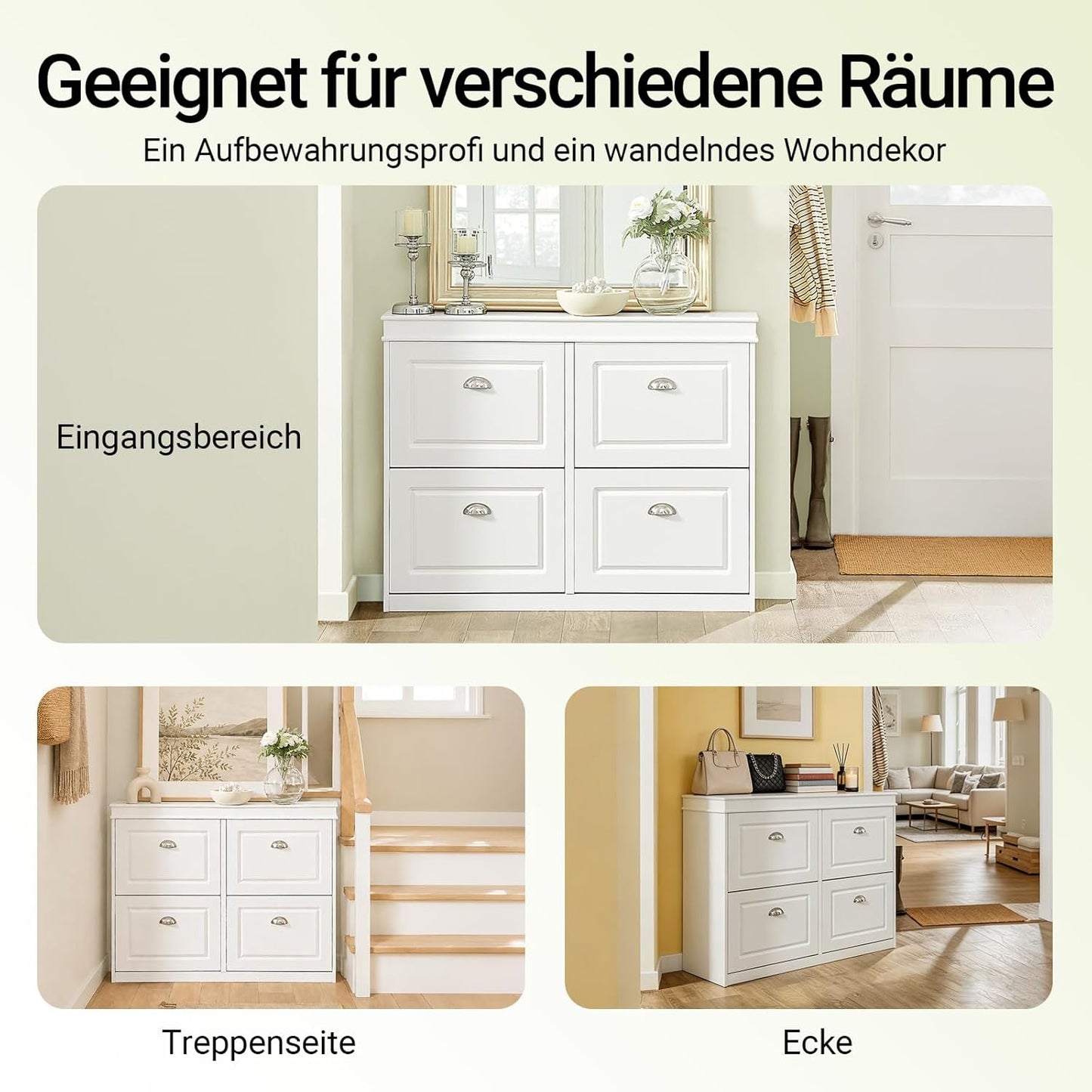 Schmaler Schuhschrank FSR79-W mit 4 Klappen und 8 Ablagen, Weiss