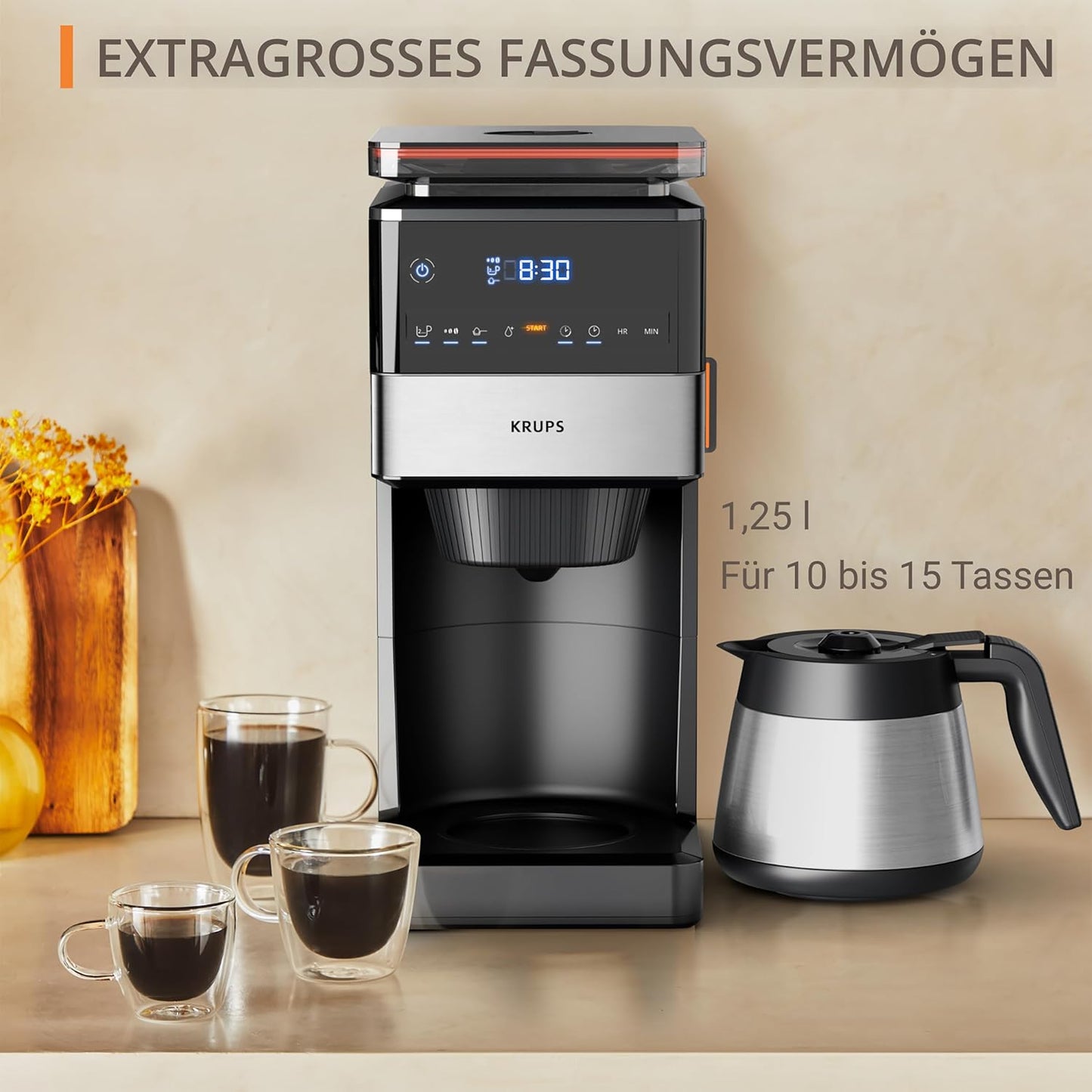 Grind Aroma Filterkaffeemaschine mit Kegelmahlwerk, 1,25 L Edelstahl