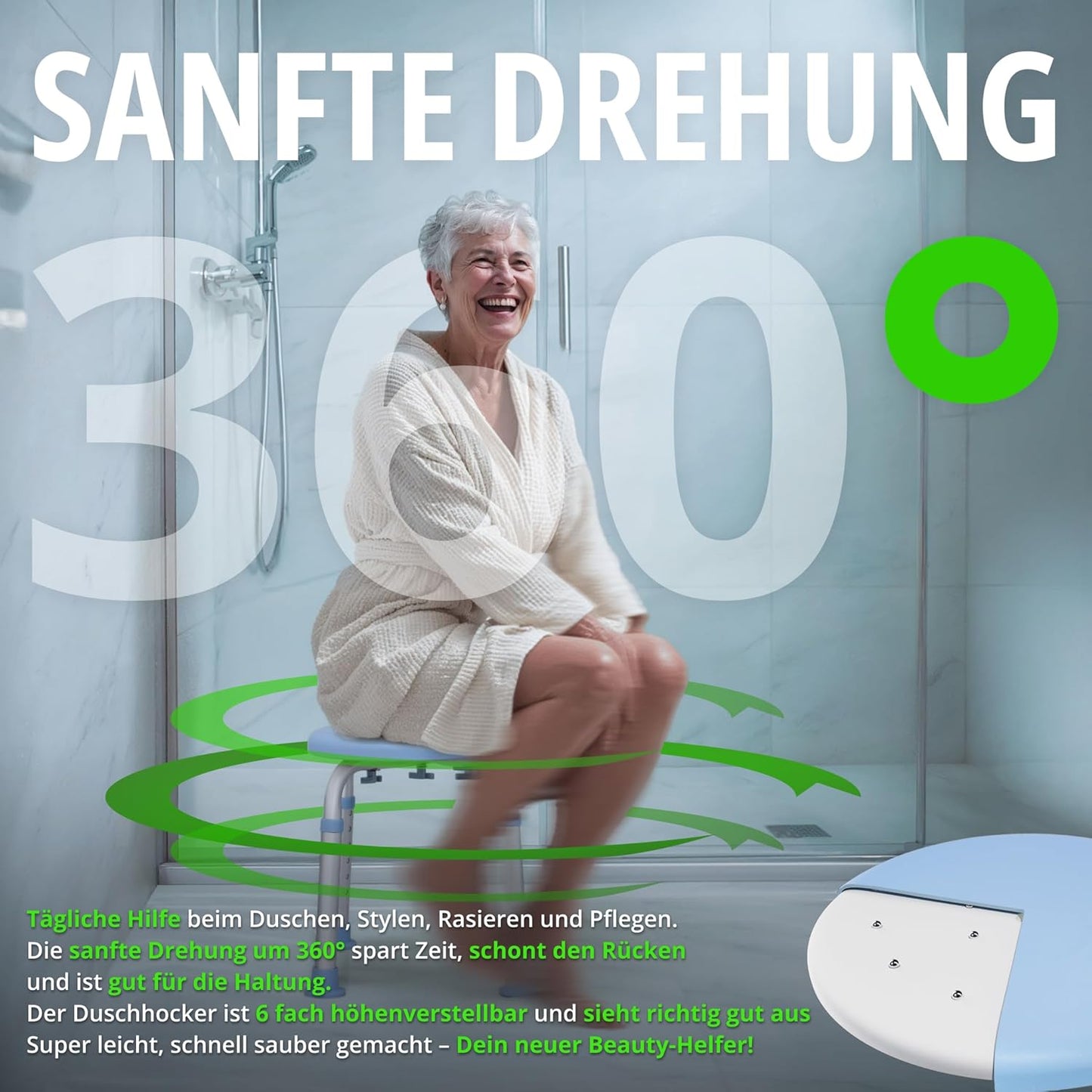 Drehbarer Duschhocker, höhenverstellbar